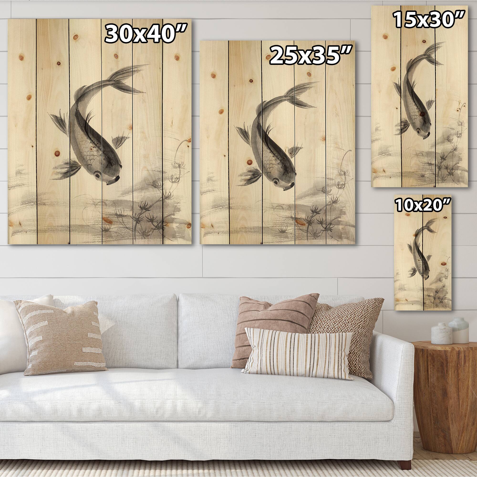 Designart - Monochrome Vintage Fish I - Nautical & Coastal Print on Natural Pine Wood