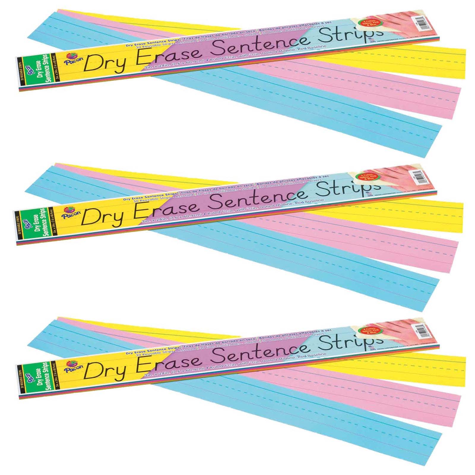 Pacon® Assorted Colors Ruled Dry Erase Sentence Strips, 3 Packs of 30