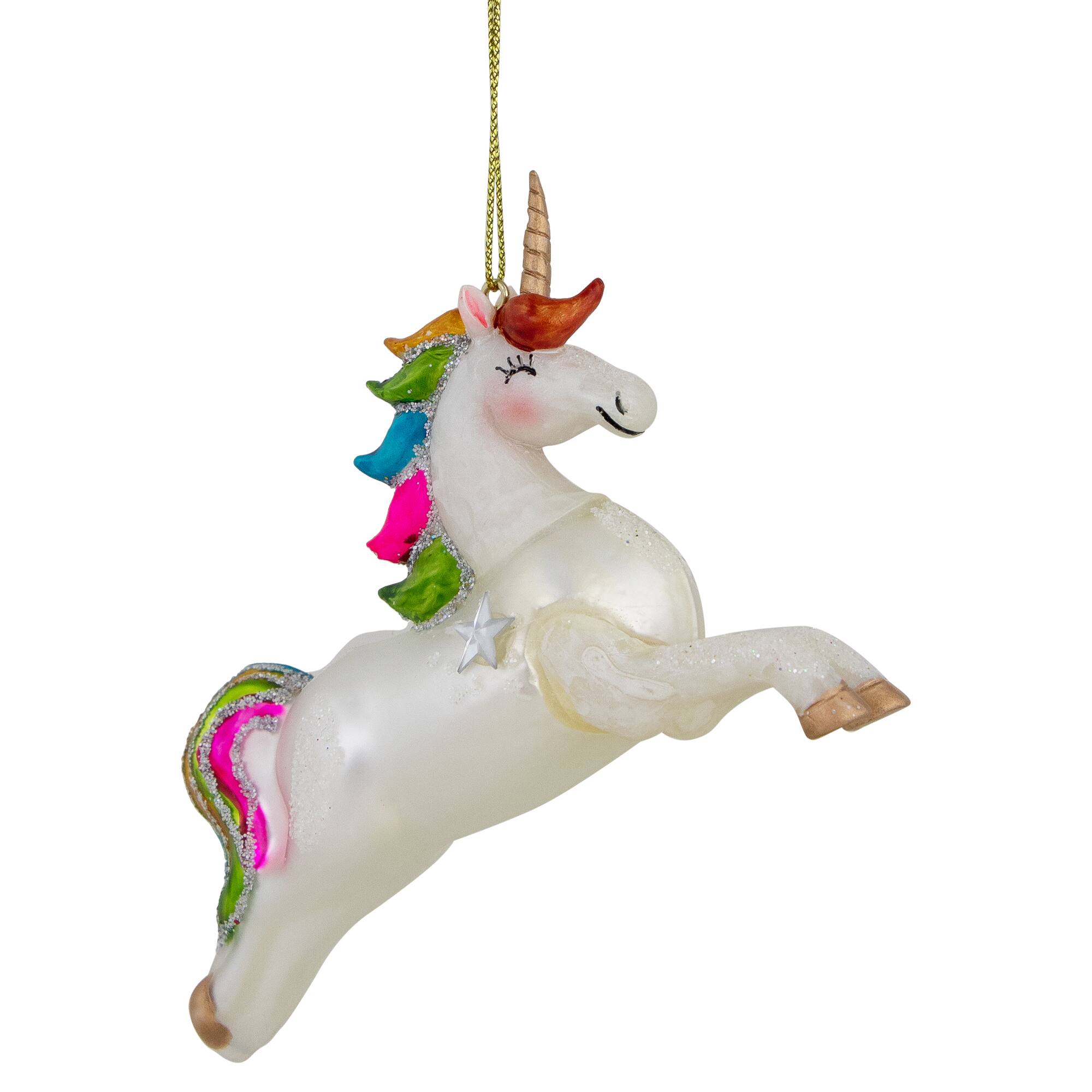 White Unicorn with Rainbow Mane Glittered Christmas Glass Ornament