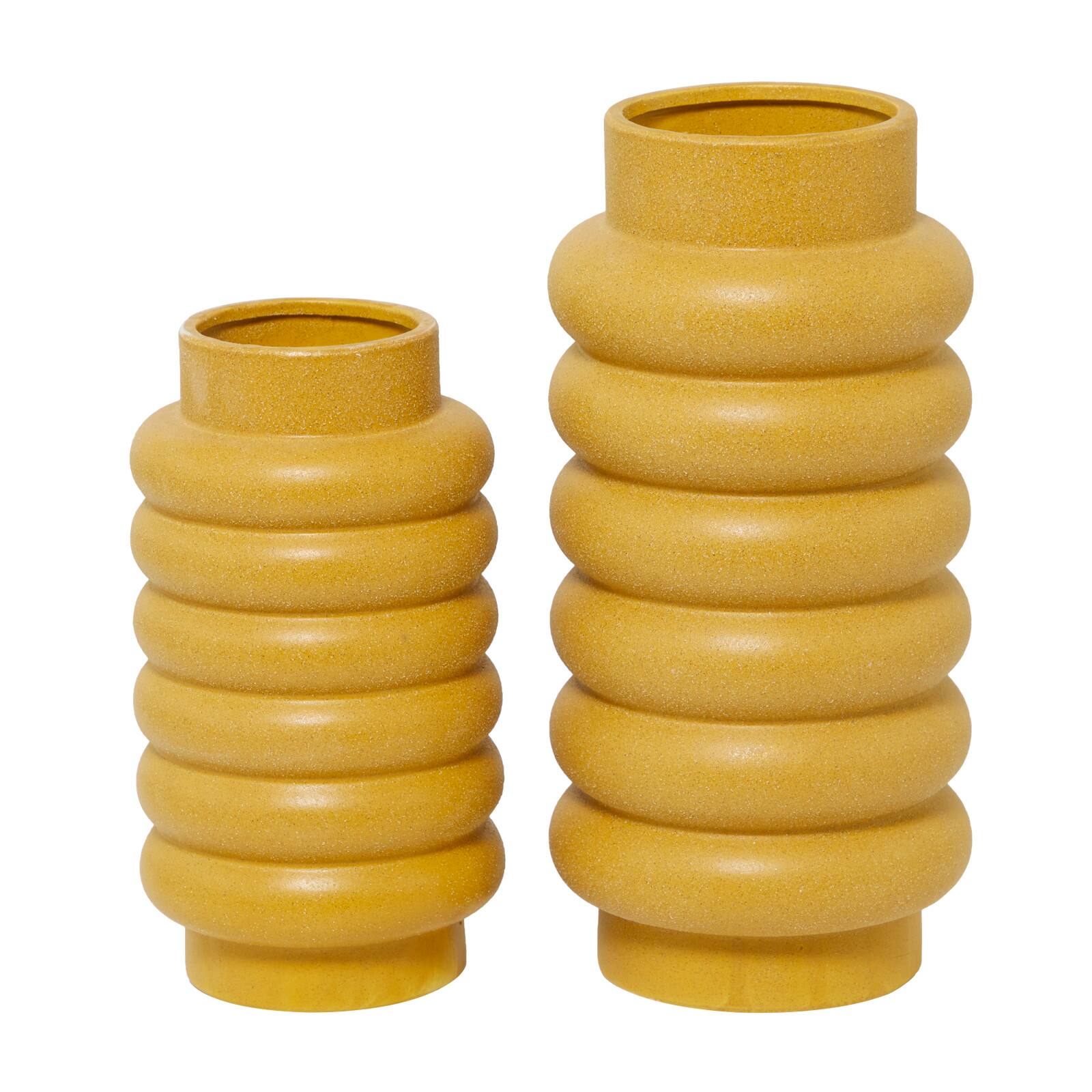 CosmoLiving by Cosmopolitan Yellow Ceramic Vase with Ring Ribbing Set of 2 16", 12"