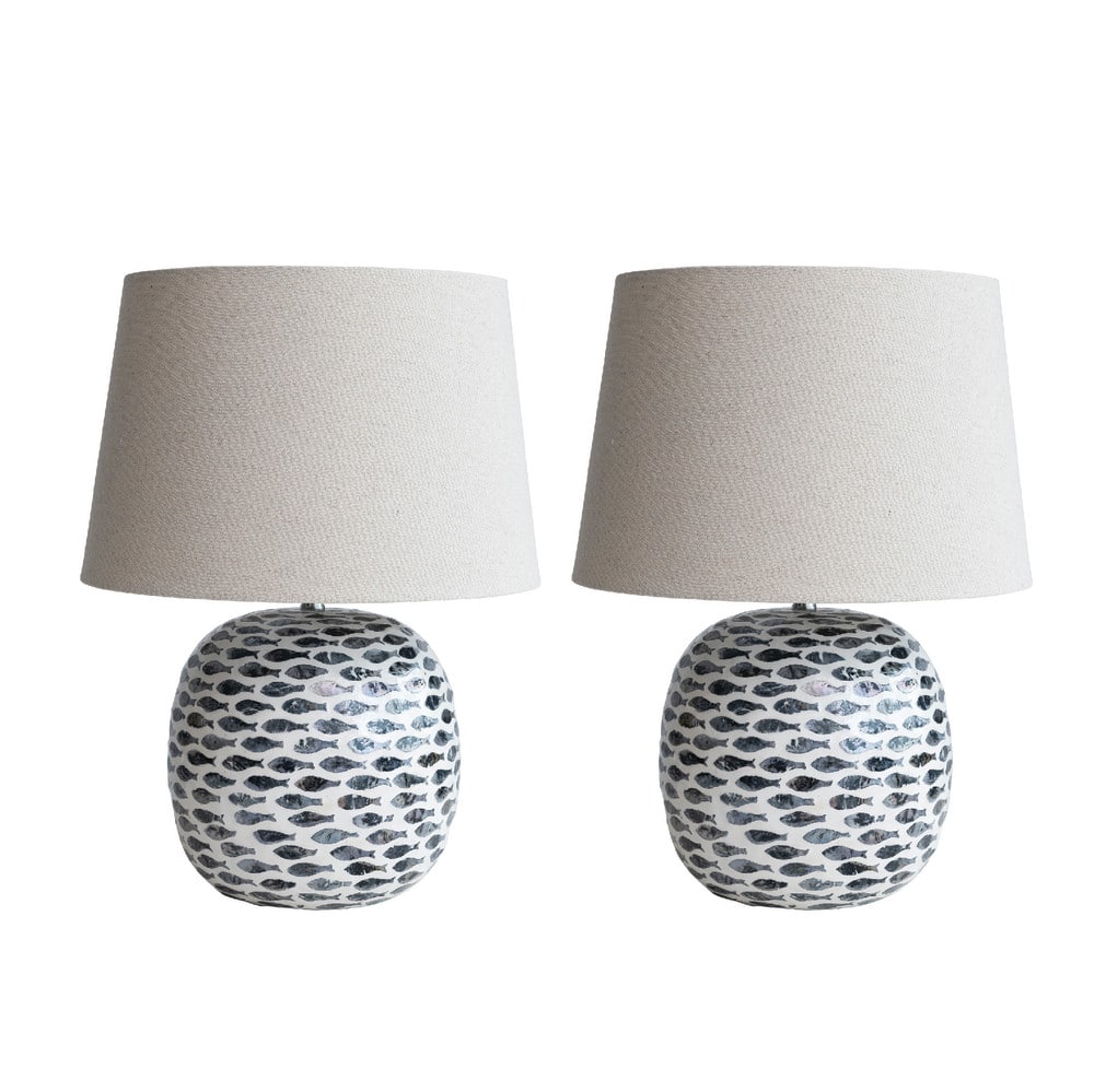 Hello Honey® 21.5" Blue and White Coastal Capiz and Bamboo Table Lamp Set with Fish Design