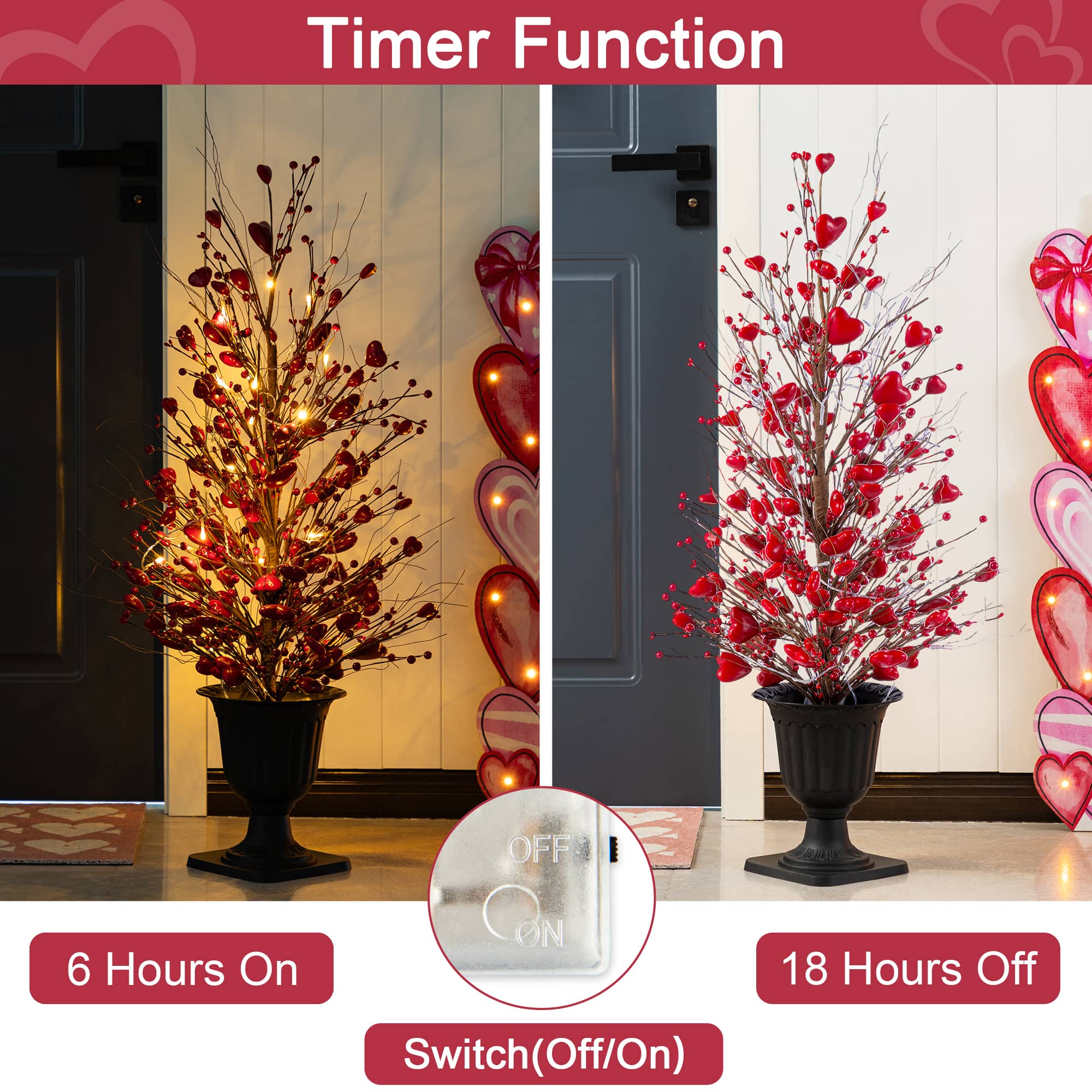 Glitzhome® 36" Valentine's Lighted Red Berry Heart Urn Porch Tree with Timer