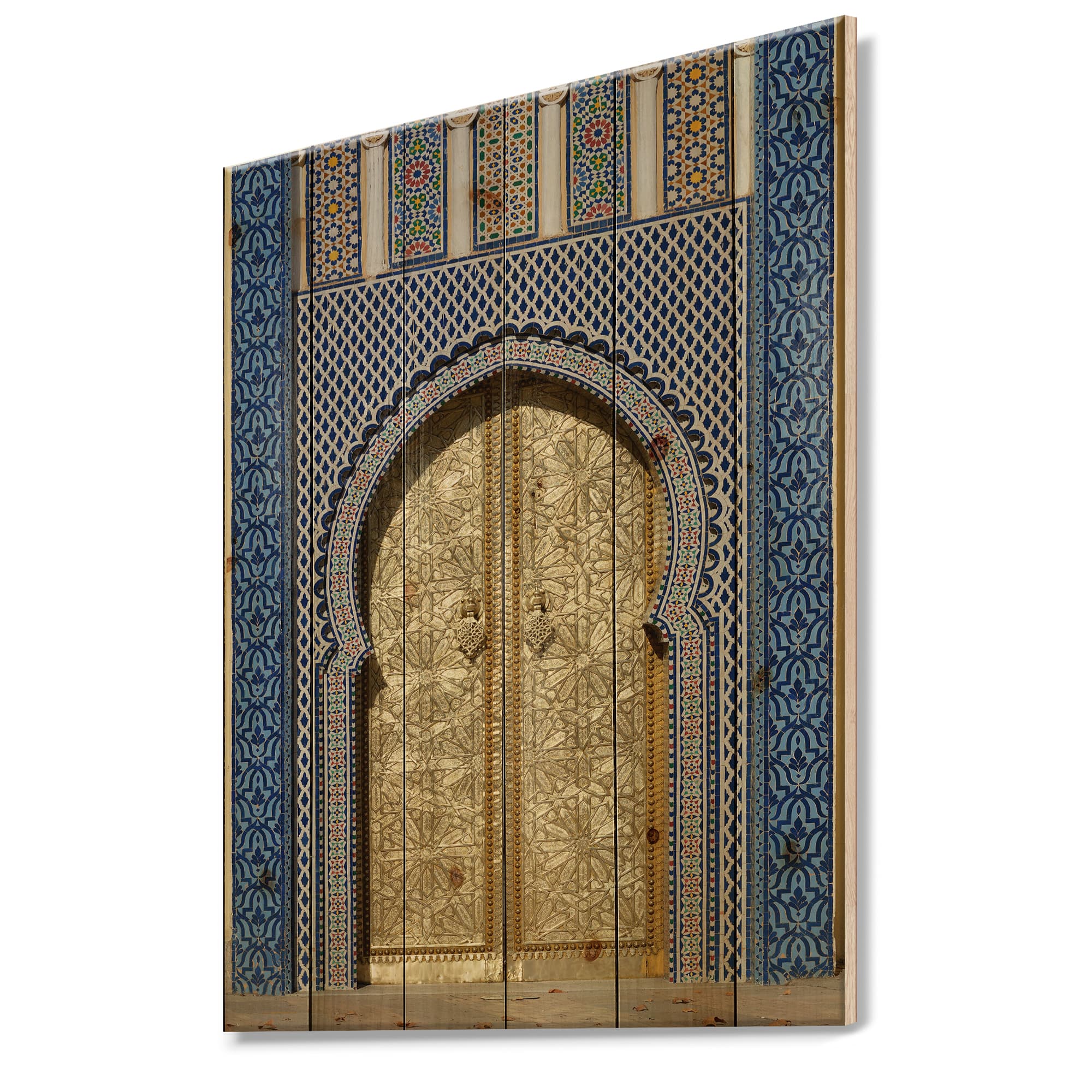 Designart - Morroco Palace Golden Doors - Vintage Print on Natural Pine Wood