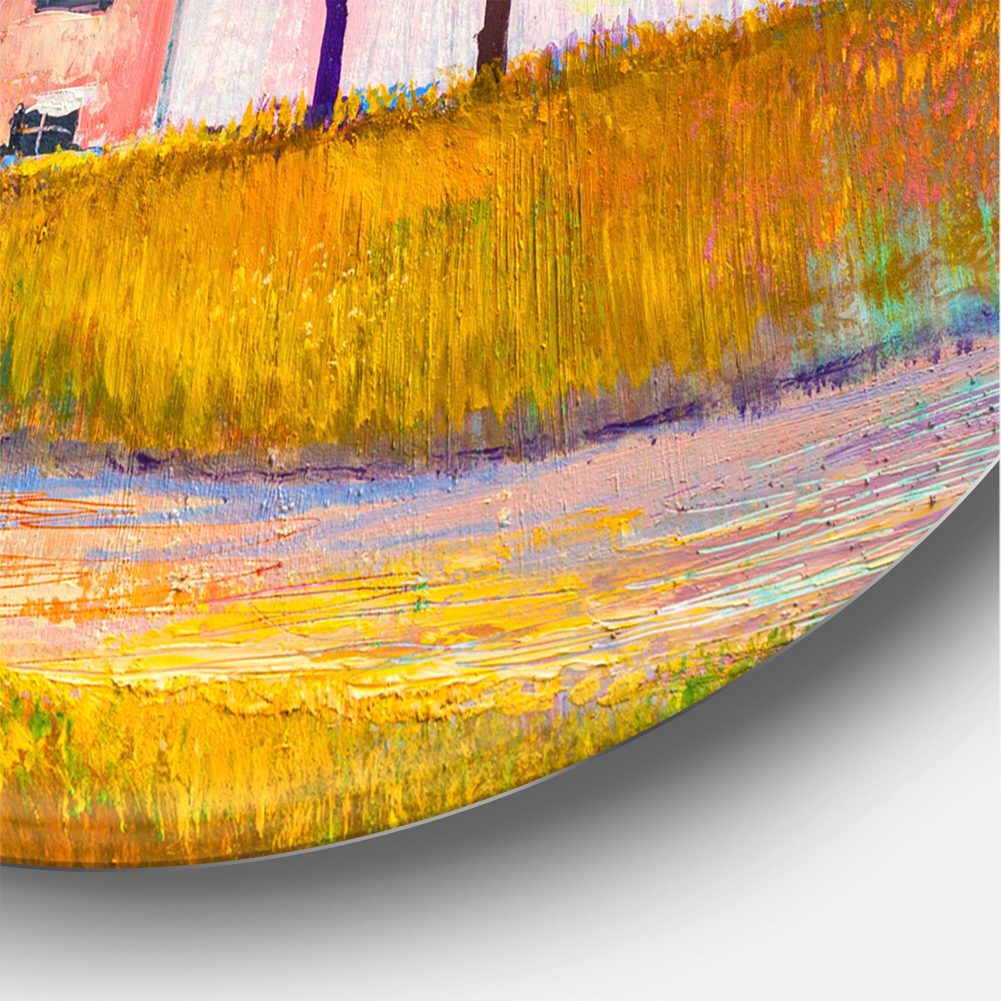 Designart - House With Red Roof In The Village - Modern Metal Circle Wall Art