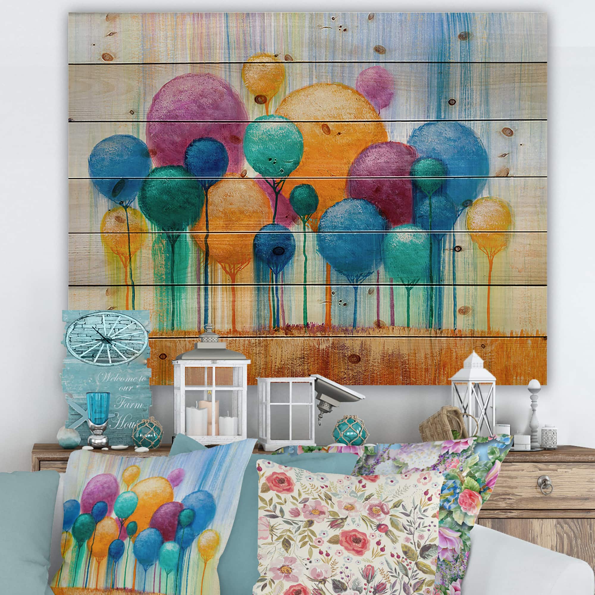 Designart - Colourful Ornamental Trees IV - Modern Print on Natural Pine Wood