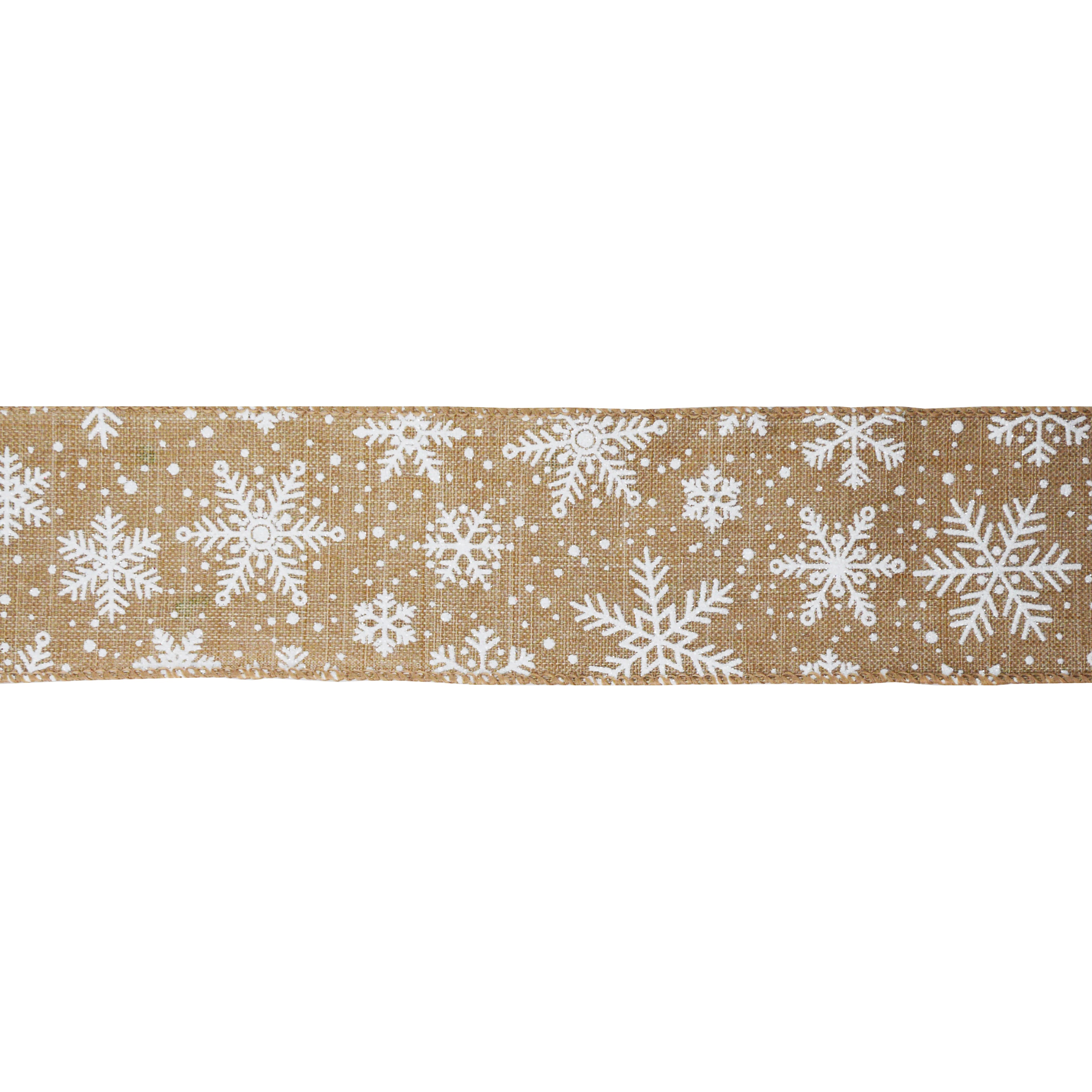 2.5&#x22; x 20ft. Natural &#x26; White Snowflakes Wired Faux Linen Ribbon by Celebrate It&#xAE; Christmas