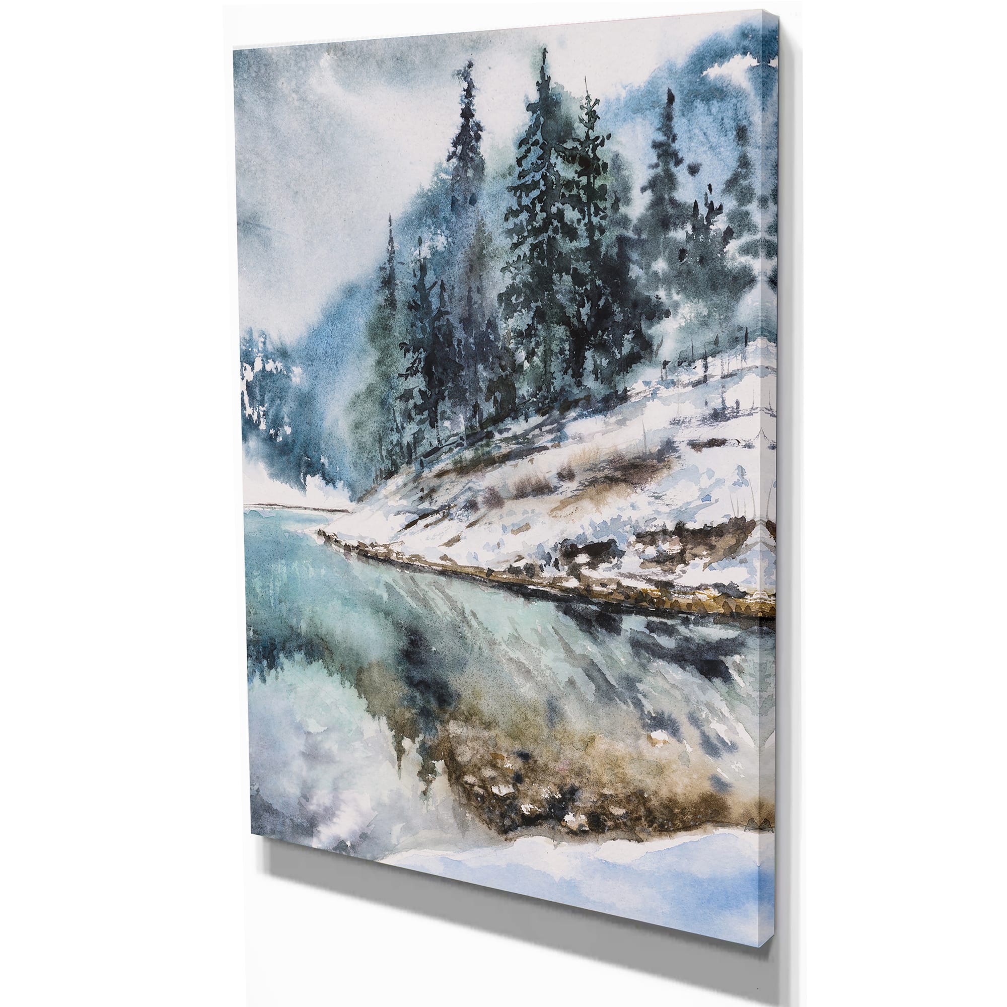 Designart - Mountain Hill Reflected in Water - Landscapes Painting Print on Wrapped Canvas