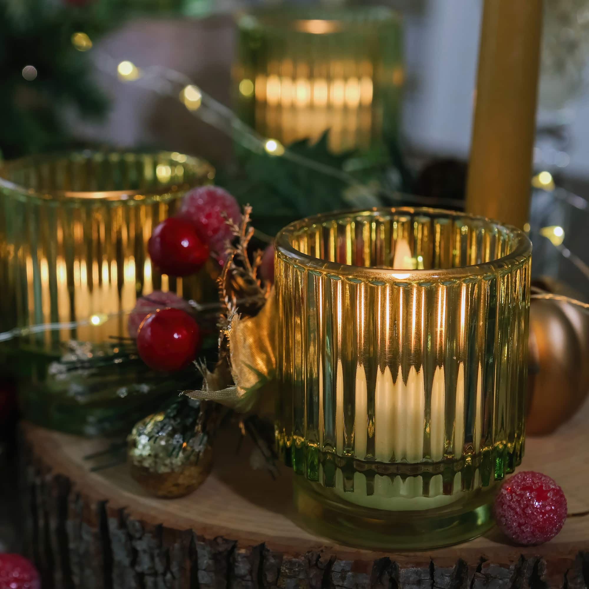 Kate Aspen Ribbed Green Glass Votive Candle Holder Set, 6ct.