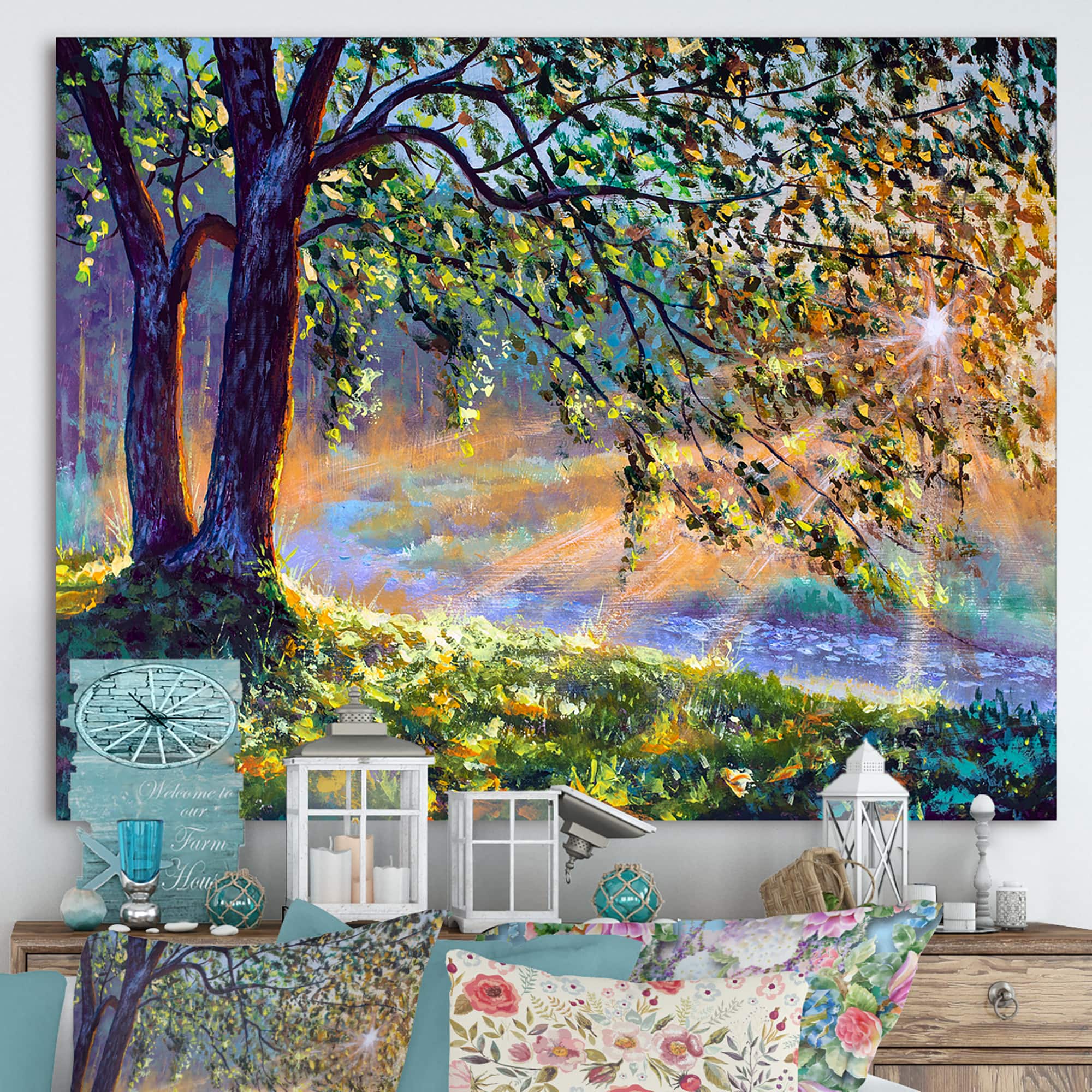 Designart - Tree By River First Rays Of Afternoon Sun - Farmhouse Canvas Wall Art Print