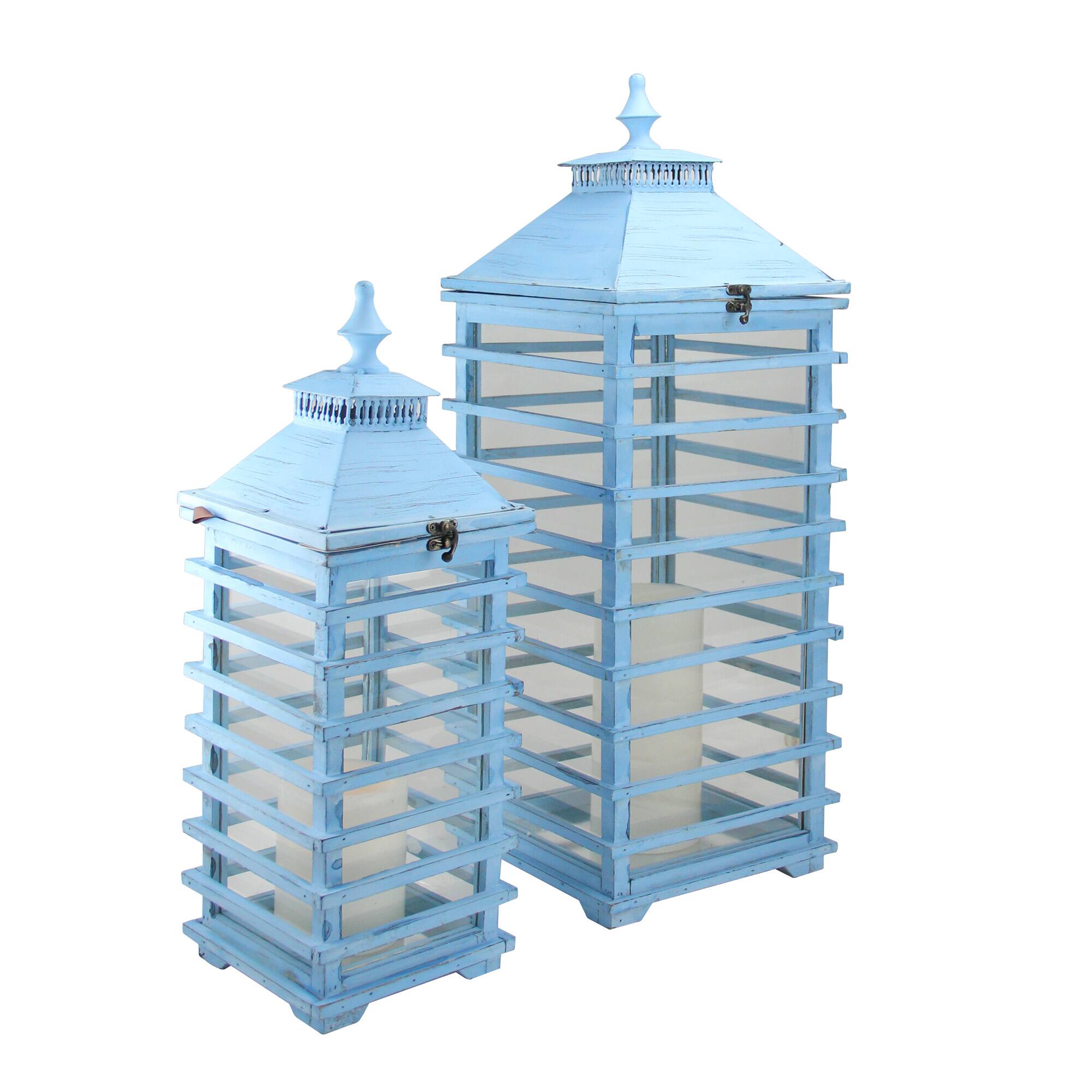 L'Eau de Fleur Distressed Fir Wood Candle Lantern Set