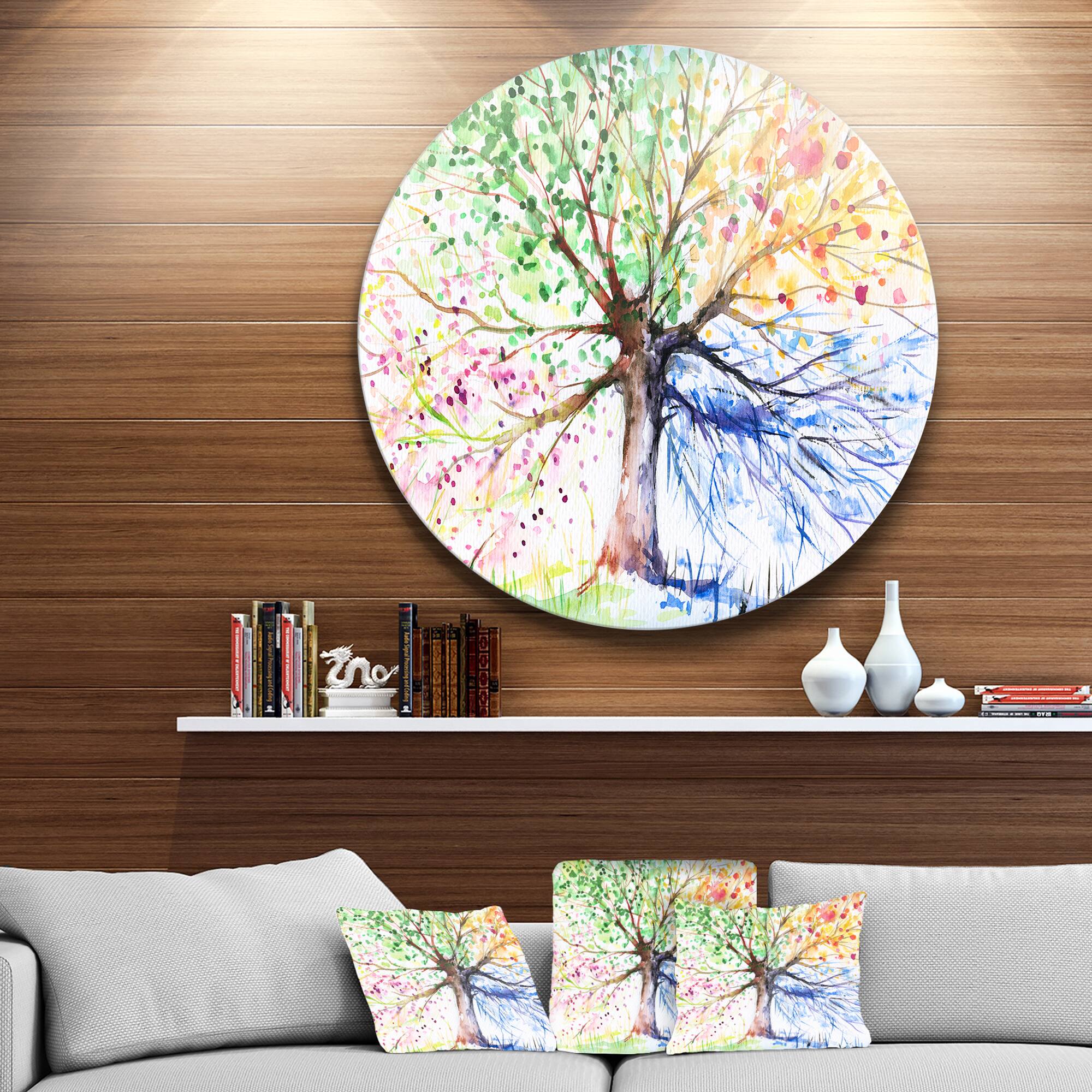 Designart - Four Seasons Tree&#x27; Floral Circle Metal Wall Art
