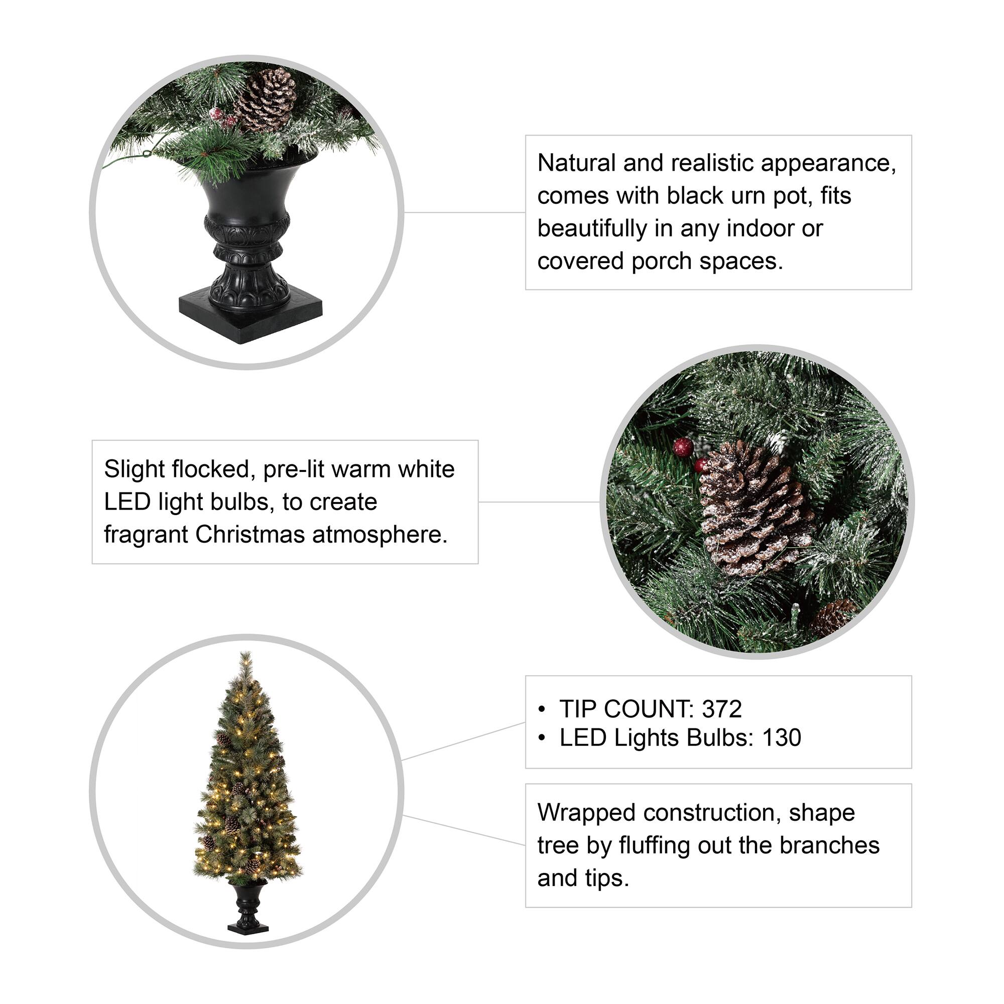 5ft. Pre-Lit Flocked Pine Artificial Christmas Tree in Black Urn, Warm White Lights