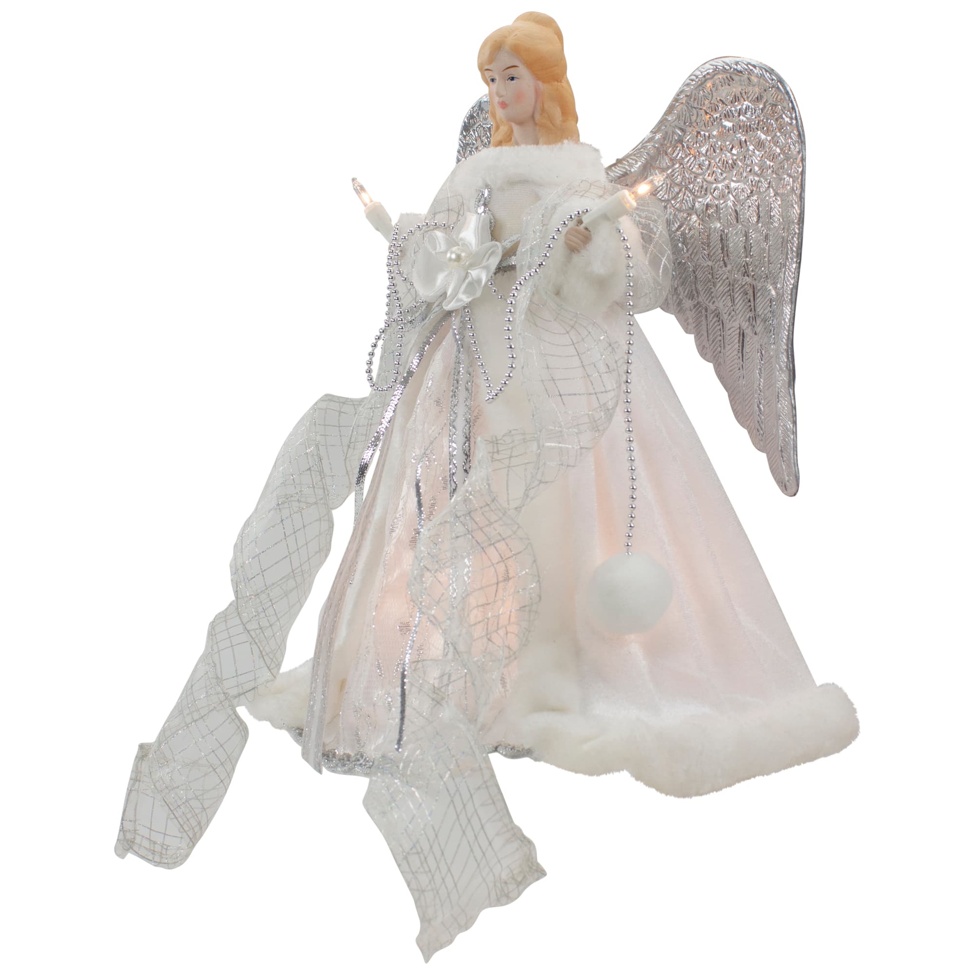 12&#x22; Lighted Silver &#x26; White Angel with Wings Christmas Tree Topper, Clear Lights