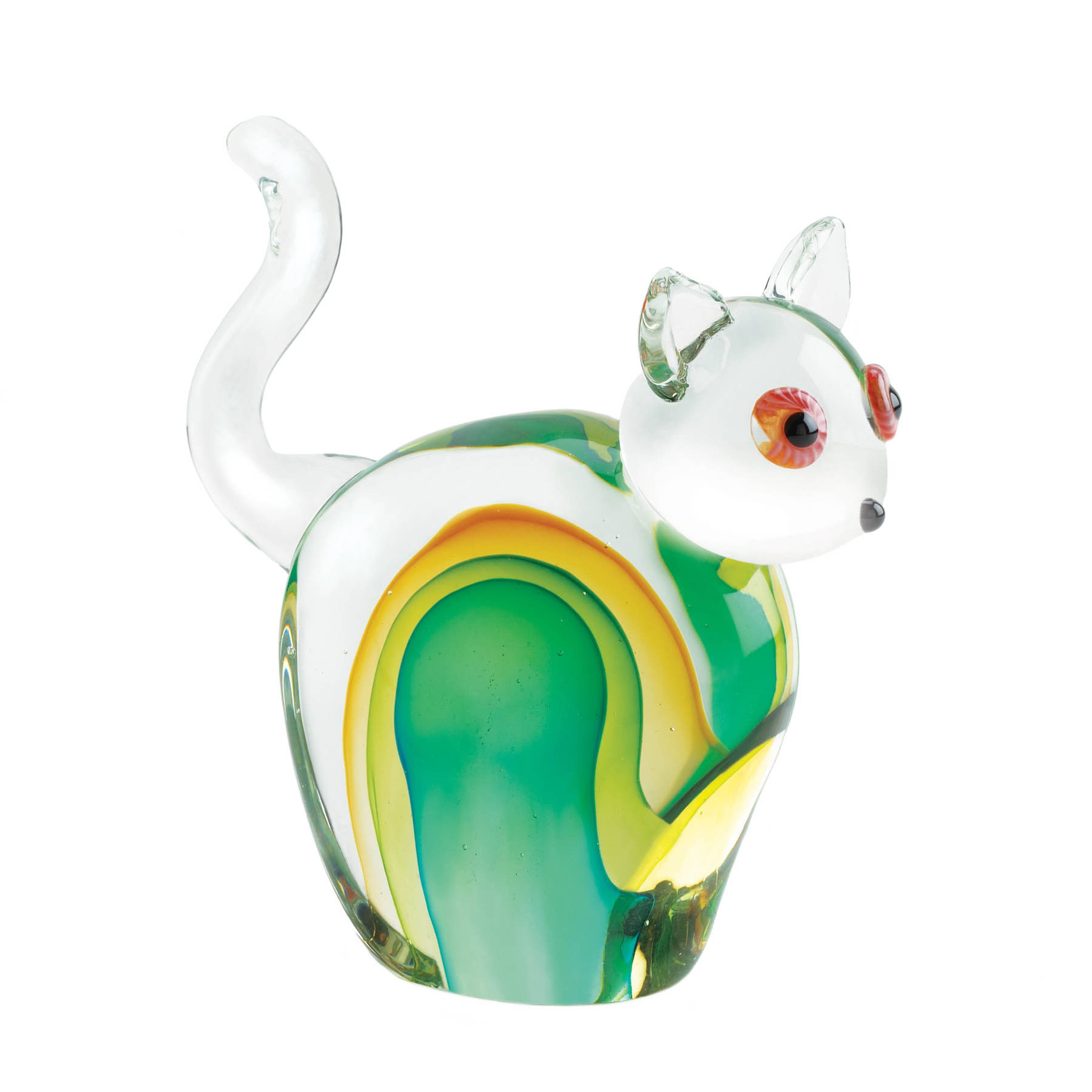 6.5&#x22; Green &#x26; Yellow Art Glass Cat Statue