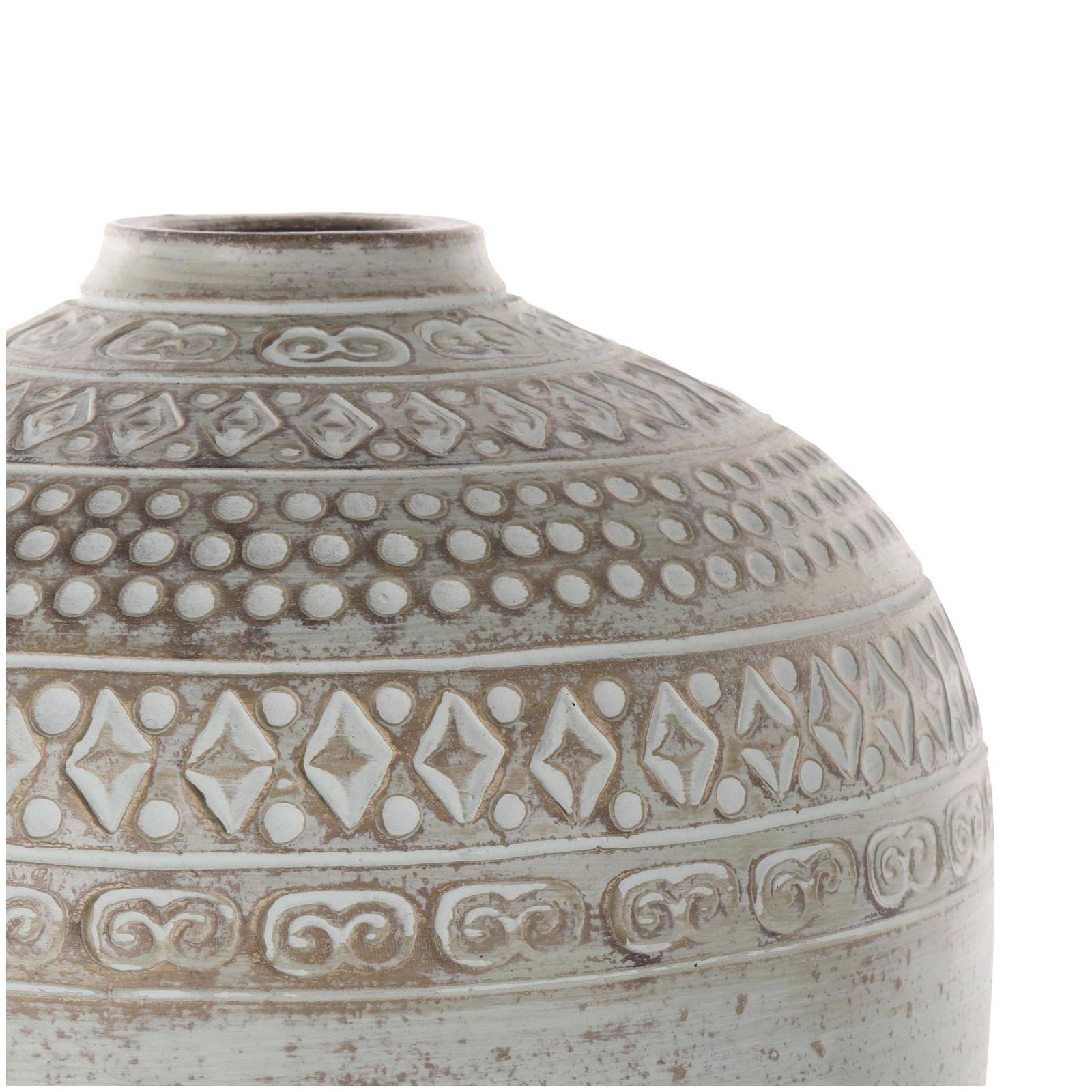 15.25" Green Ceramic Handmade Antique Style Decorative Vase with Geometric Tribal Carvings