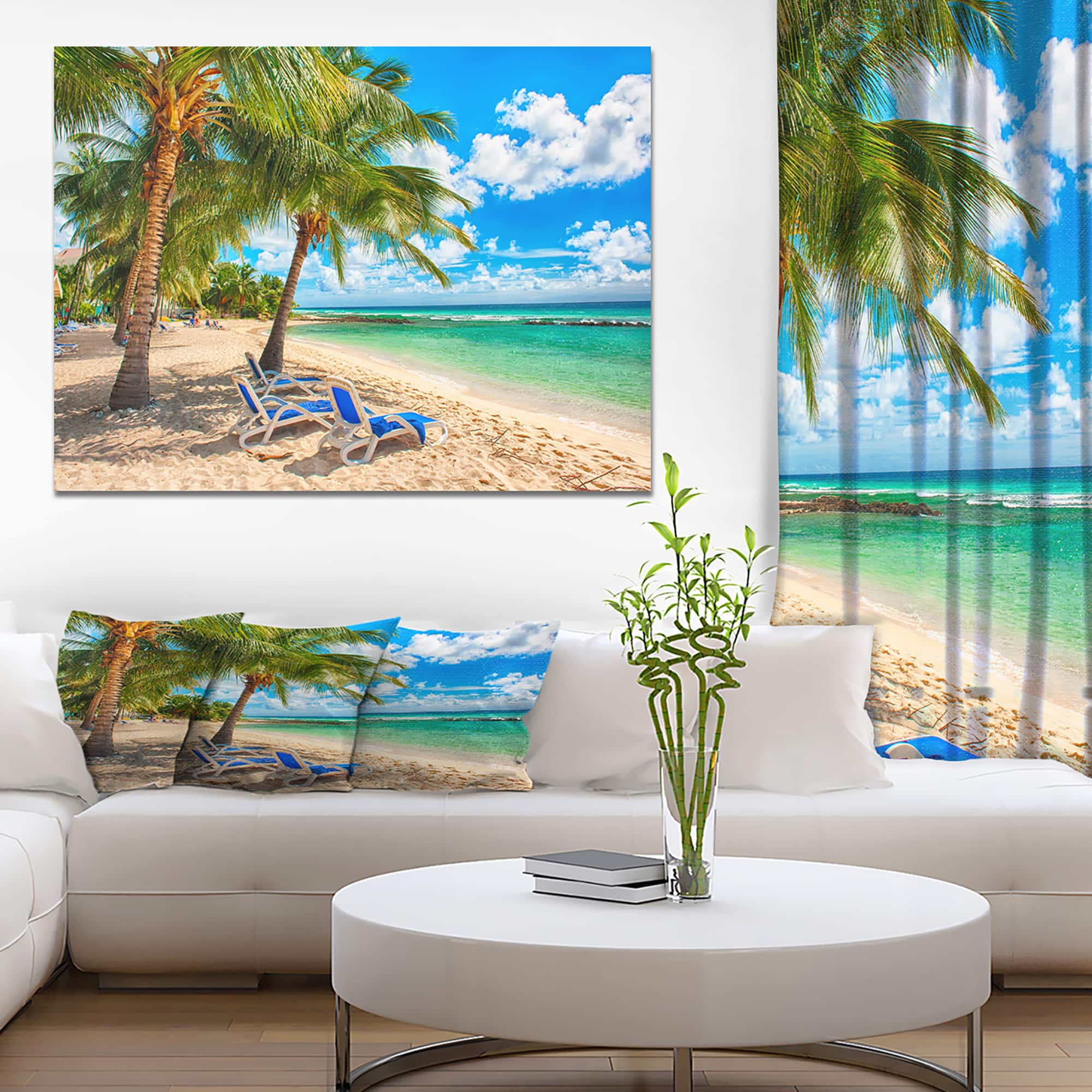 Designart - Blue chairs at the tropical white sand beach - Landscapes Sea & Shore Photographic on wrapped Canvas