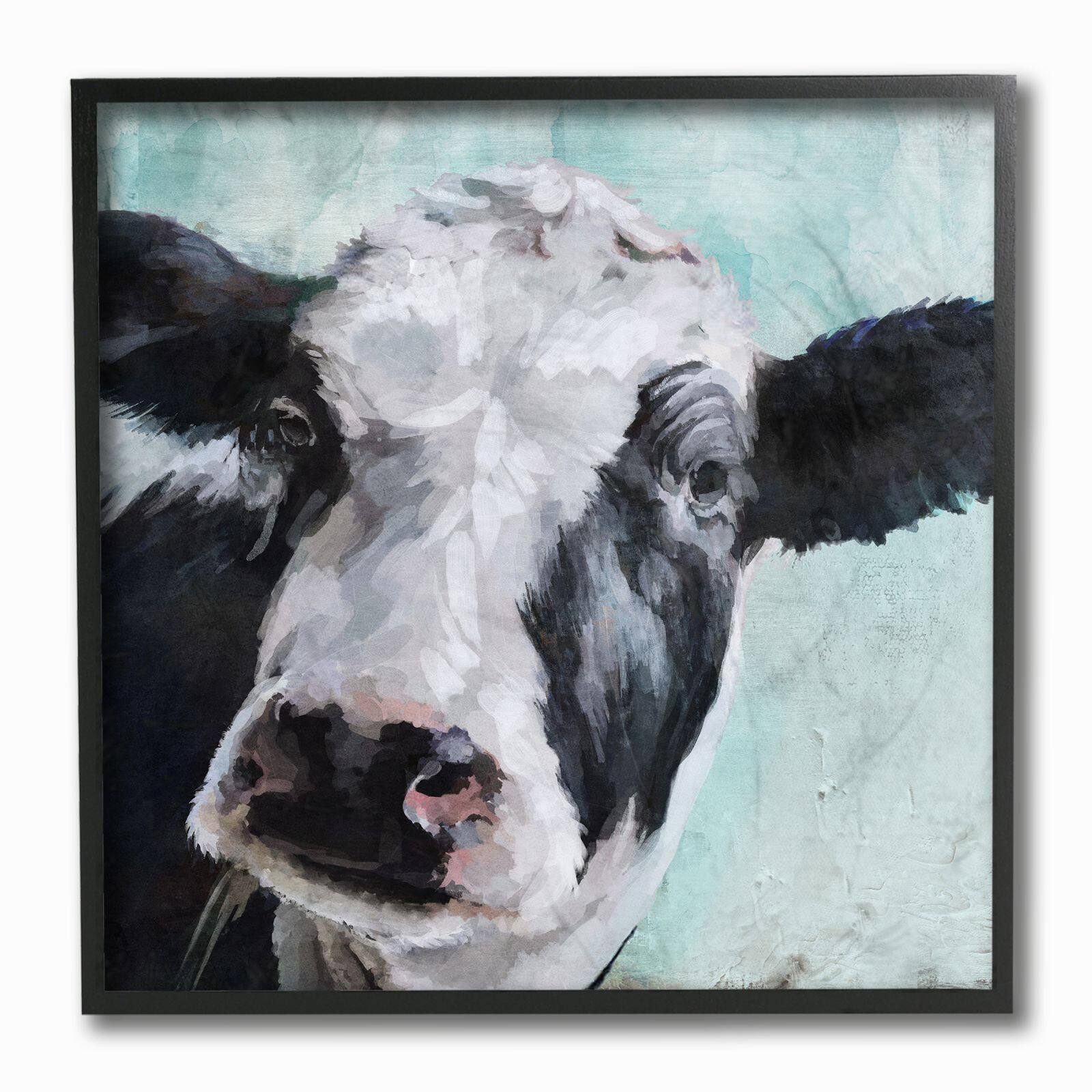 Stupell Industries Gentle Farm Cow Painting on Blue Framed Wall Art