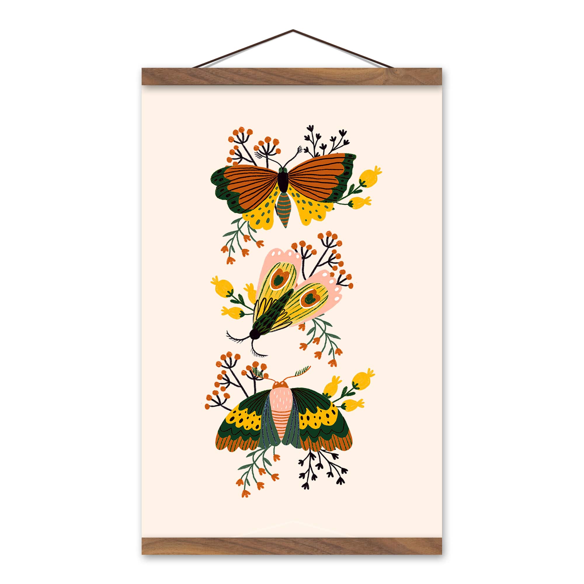 Floral Moths Teak Hanging Canvas Art