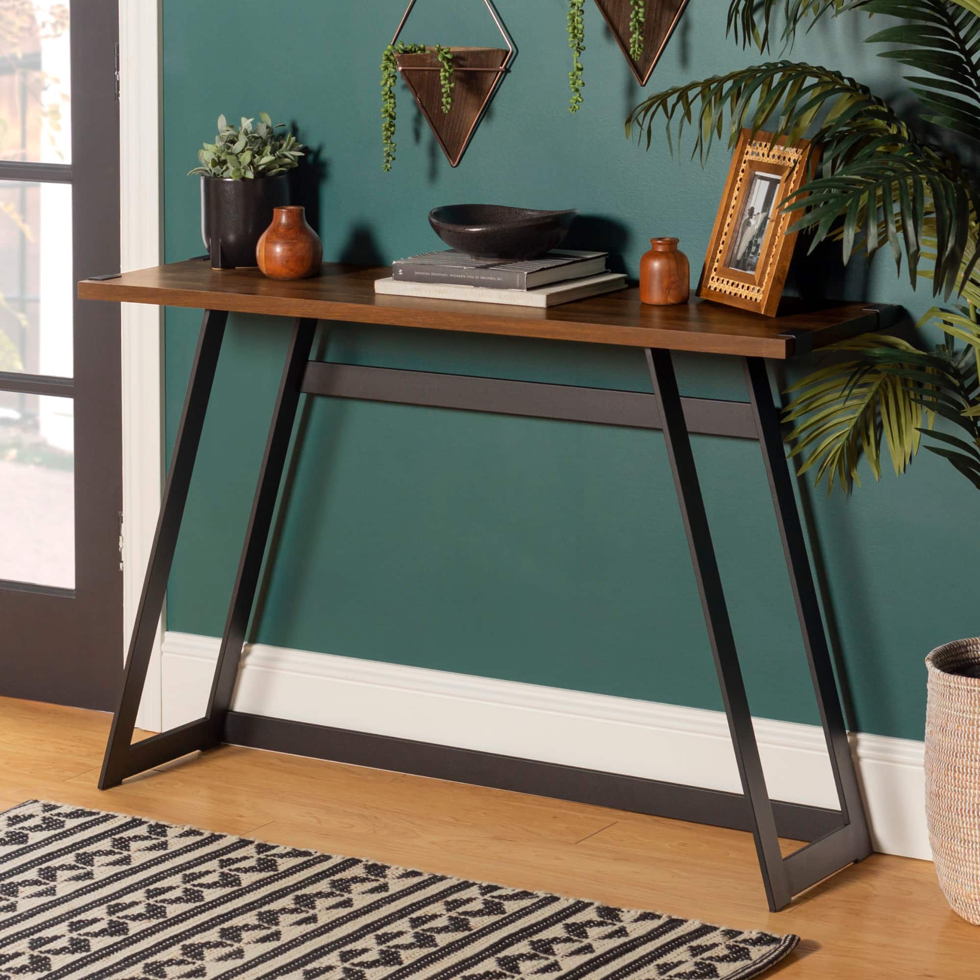 Walker Edison Dark Walnut Faux Wrap Modern Industrial Entry Table