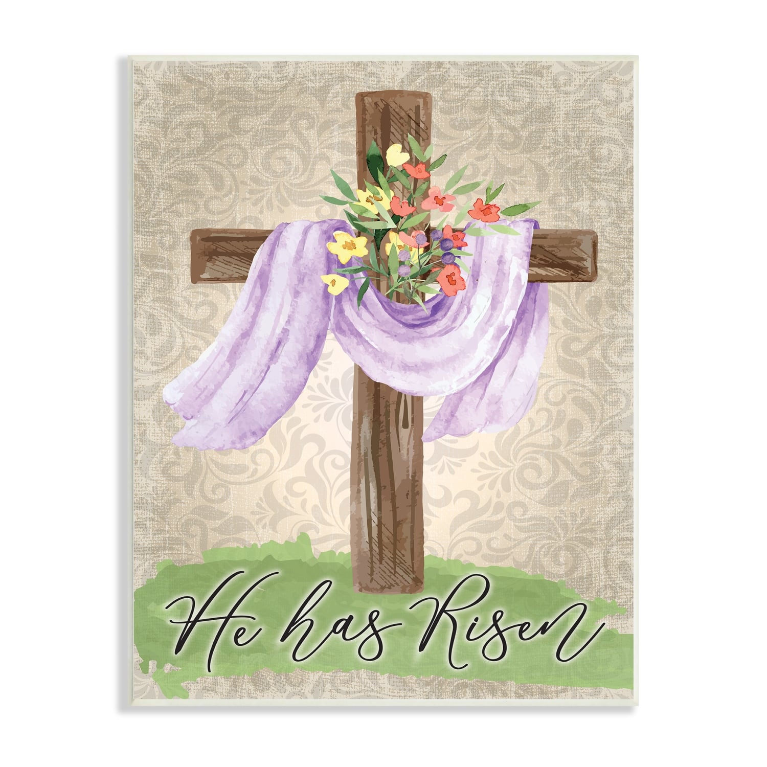 Stupell Industries He Has Risen Spring Floral Cross Brown Damask Pattern Wall Plaque Art