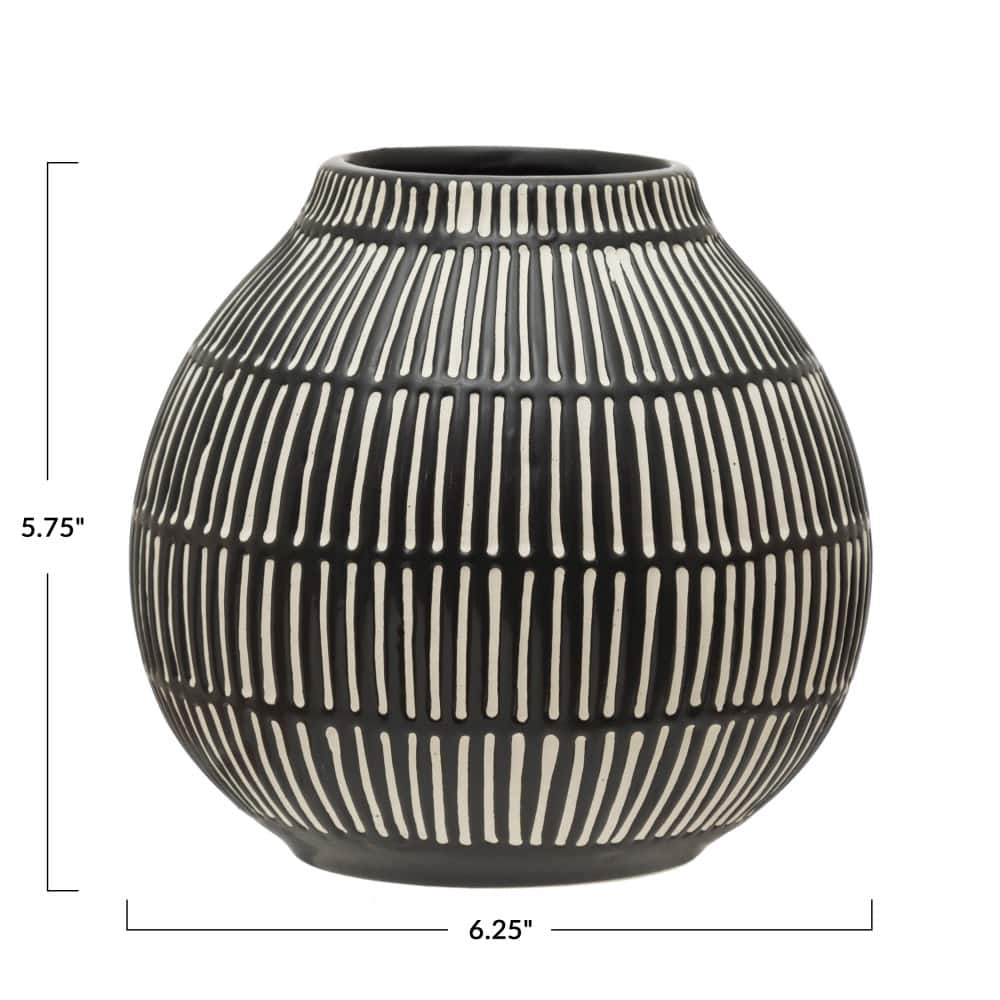 6&#x22; Black &#x26; White Debossed Stoneware Vase