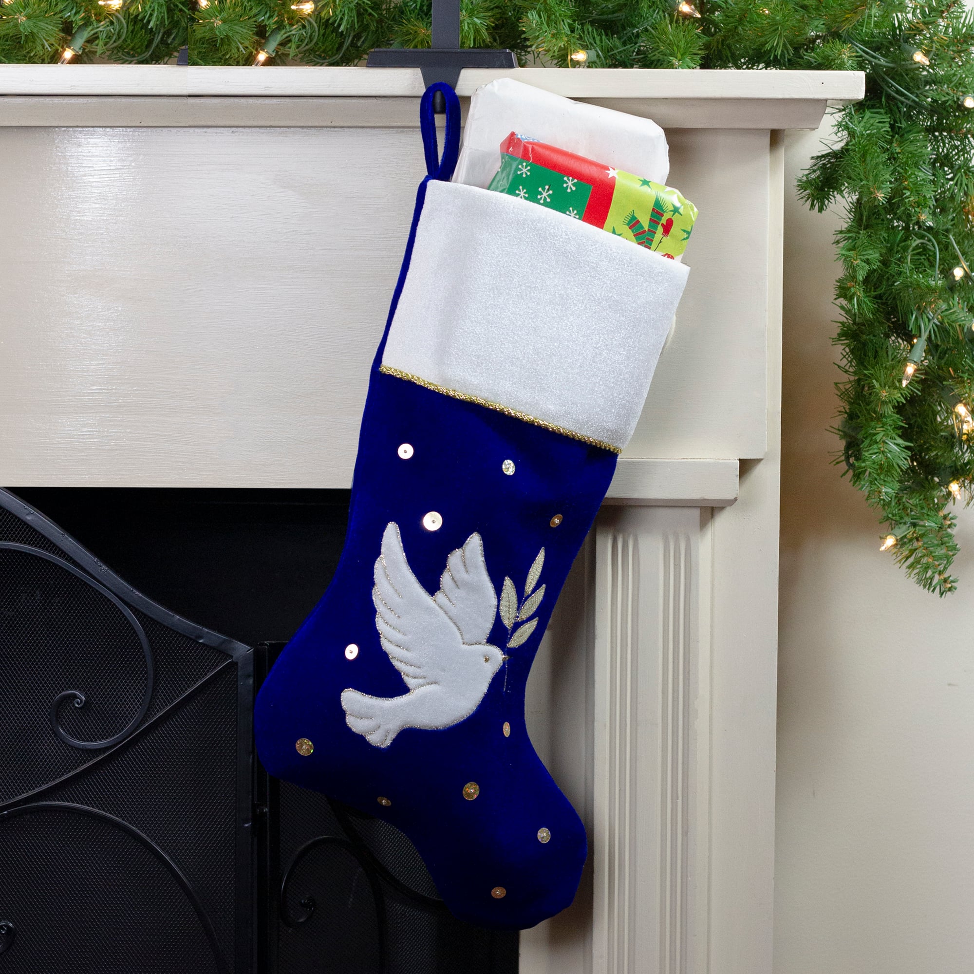 20.5&#x22; Royal Blue Velvet Dove Christmas Stocking