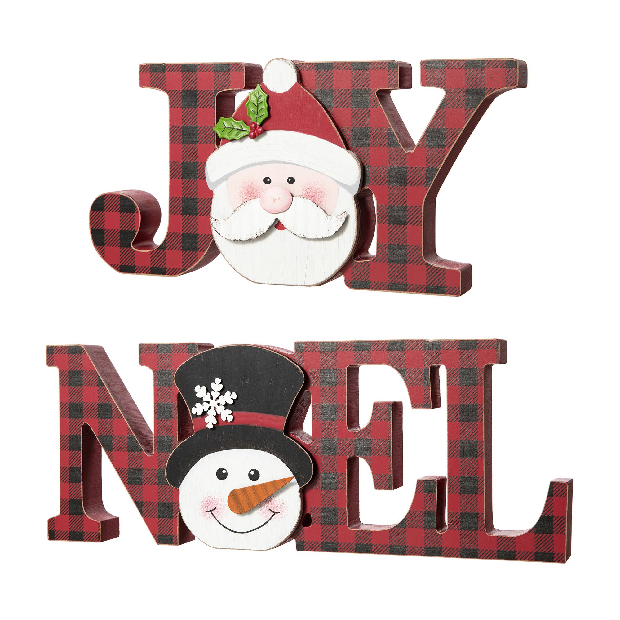 Glitzhome® 2-Piece JOY and NOEL Wooden Christmas Plaid Table Décor