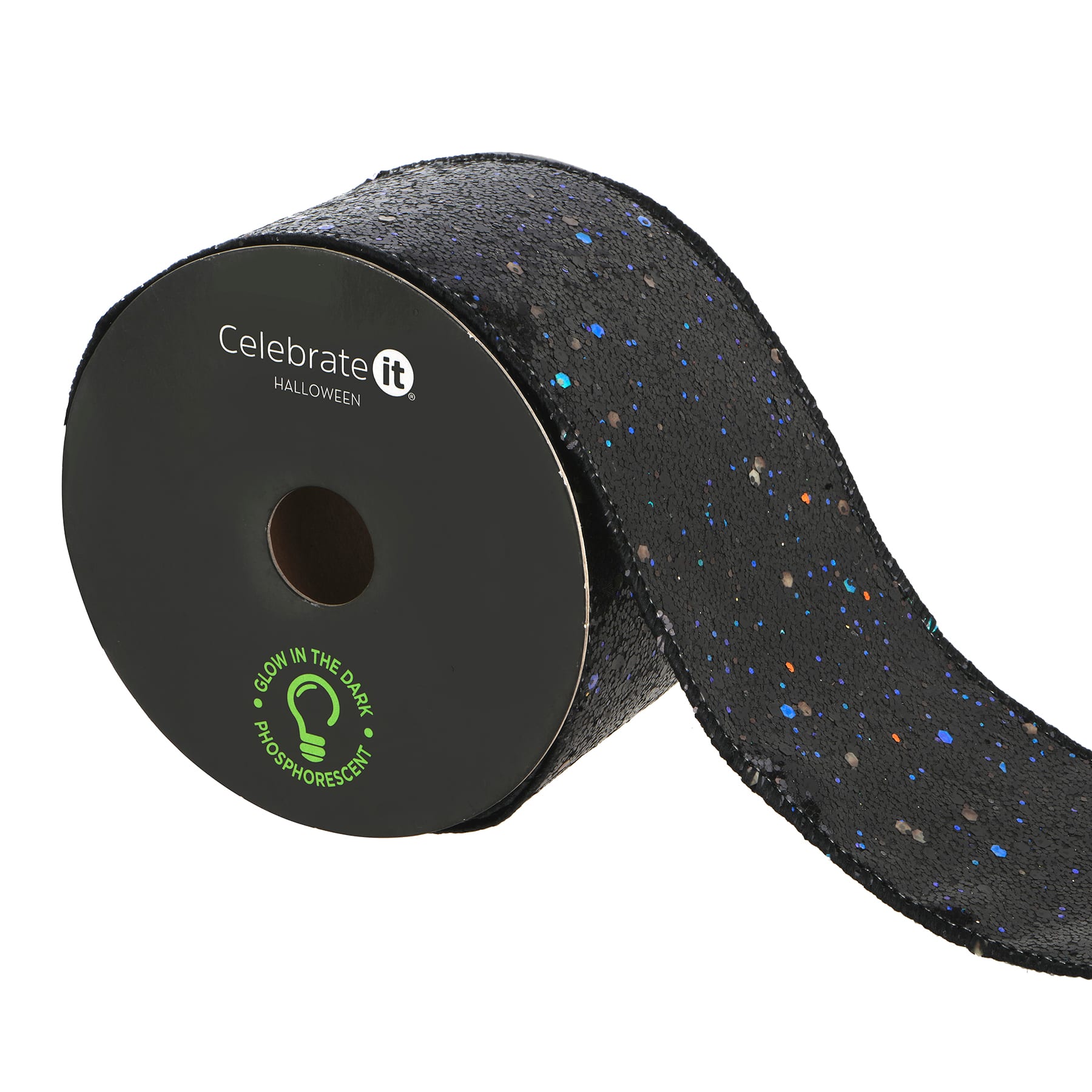 2.5&#x22; x 6.6yd. Black Glow-in-the-Dark Wired Glitter Taffeta Ribbon by Celebrate It&#xAE;
