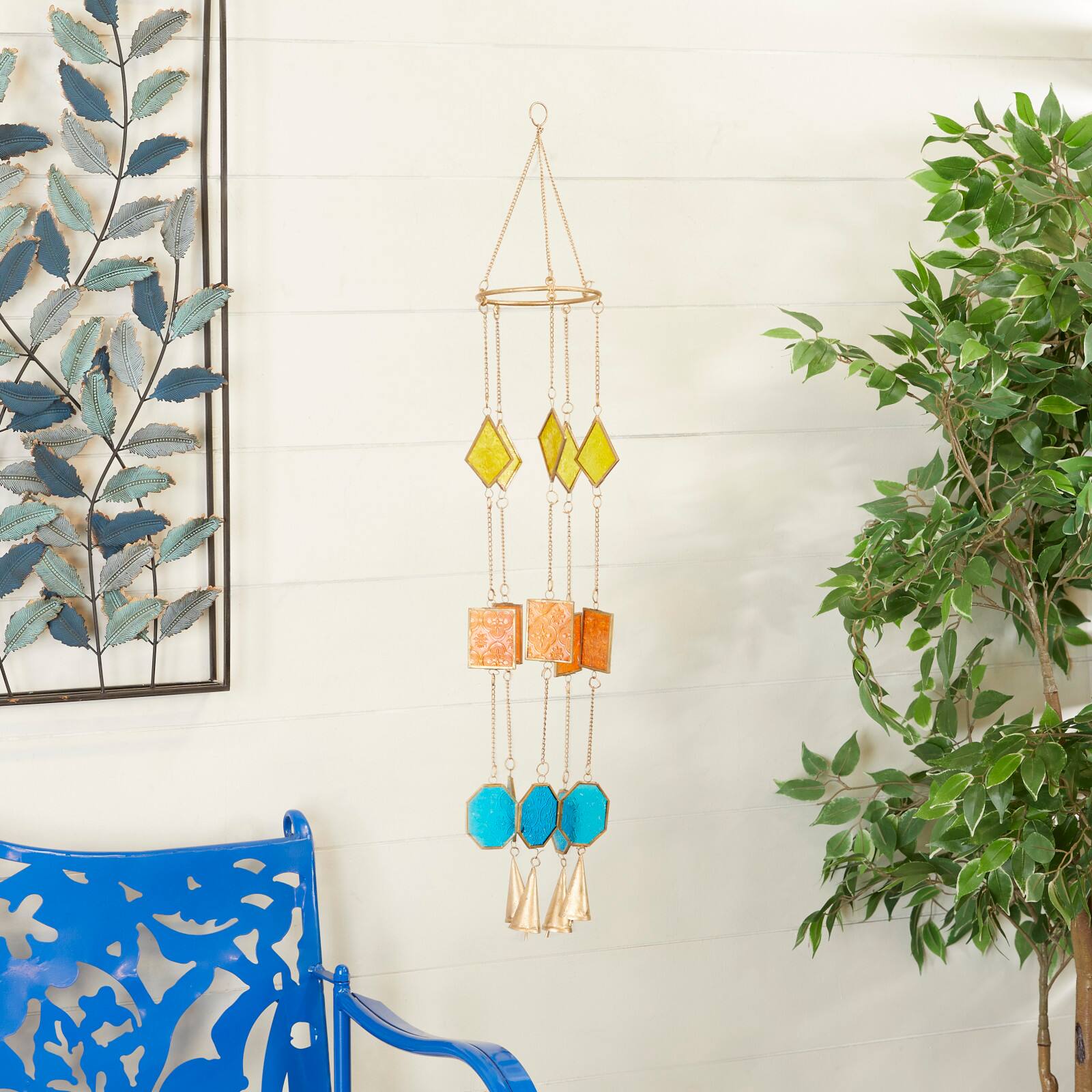Multi Colored Contemporary Geometric Windchime, 7&#x22; x 2&#x22; x 35&#x22;