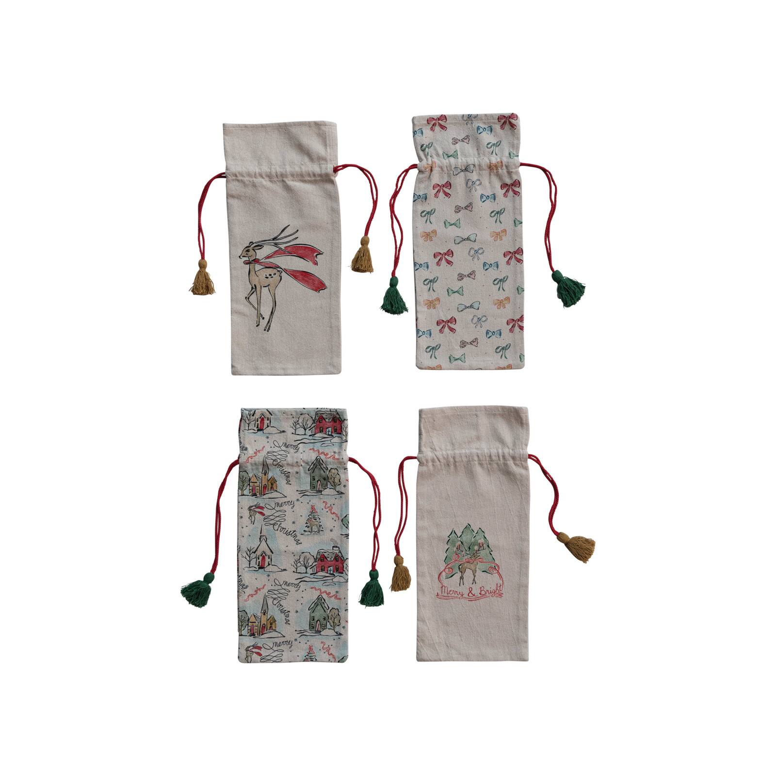 Hello Honey® Holiday Printed Cotton Chambray Drawstring Wine Bag Set