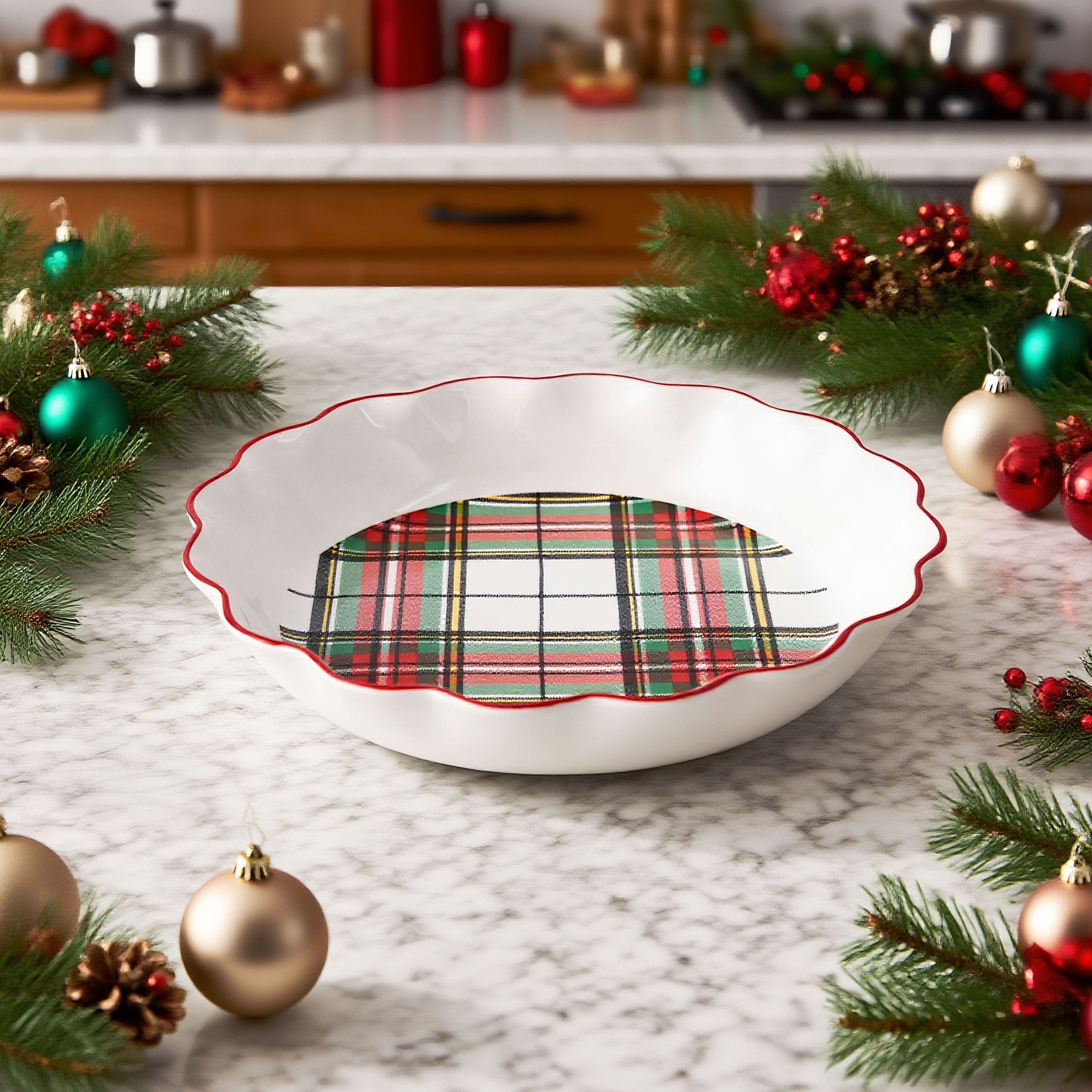 10&#x22; Green &#x26; Red Plaid Ceramic Pie Dish by Ashland&#xAE;