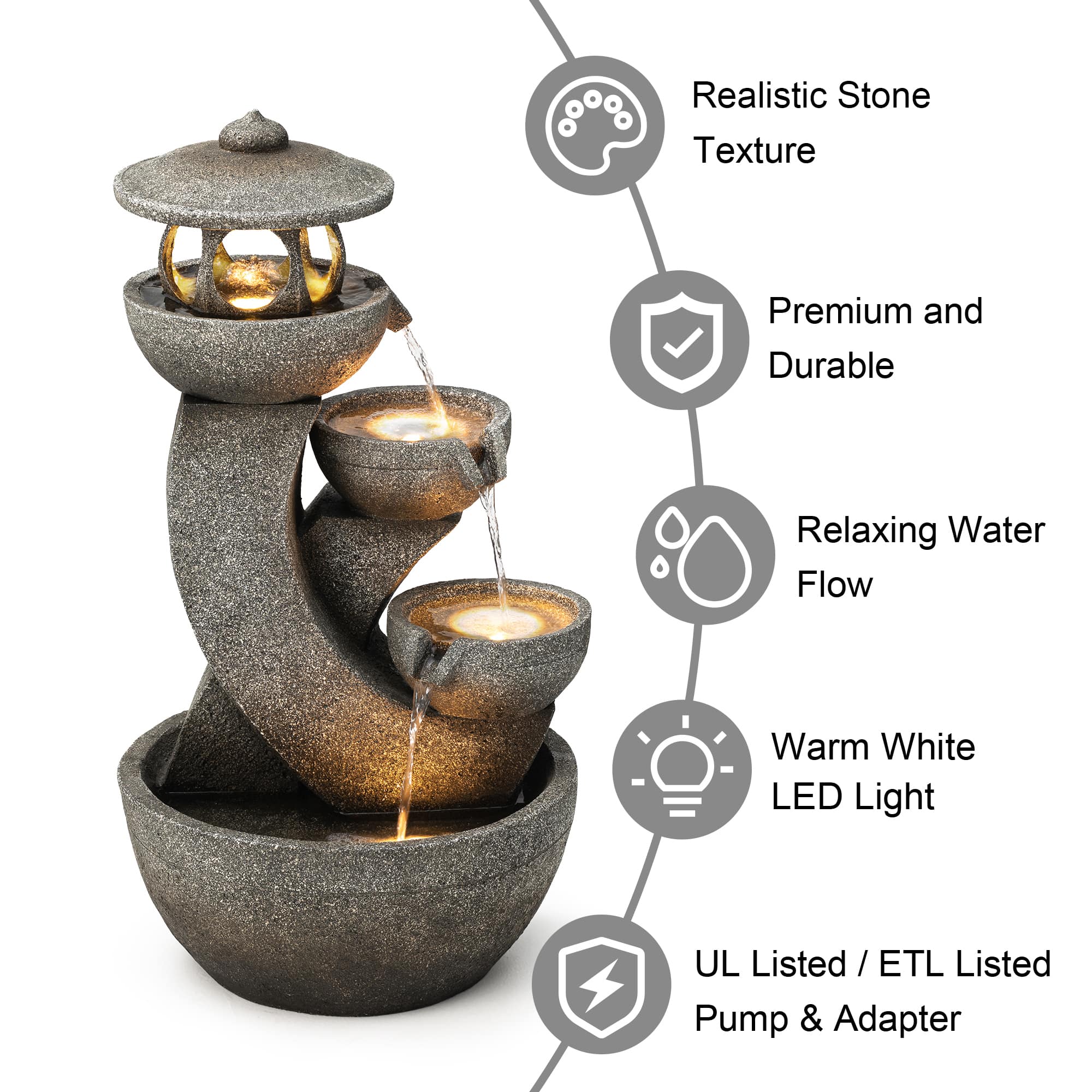 Glitzhome® 32" 4-Tier LED Pagoda Outdoor Fountain