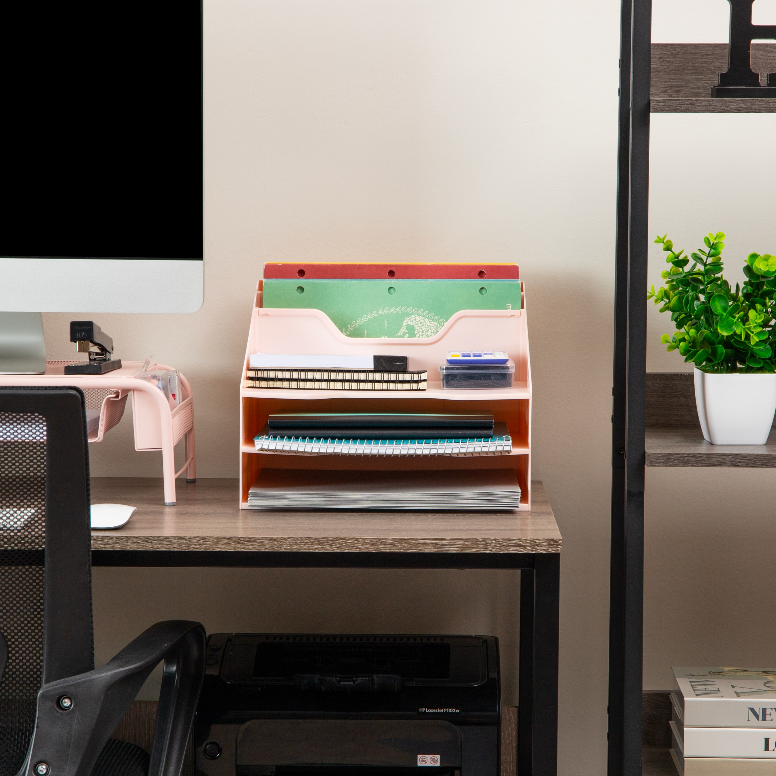 Mind Reader Desktop Organizer, Vertical File Holder, Paper Trays, Office, Plastic, Pink