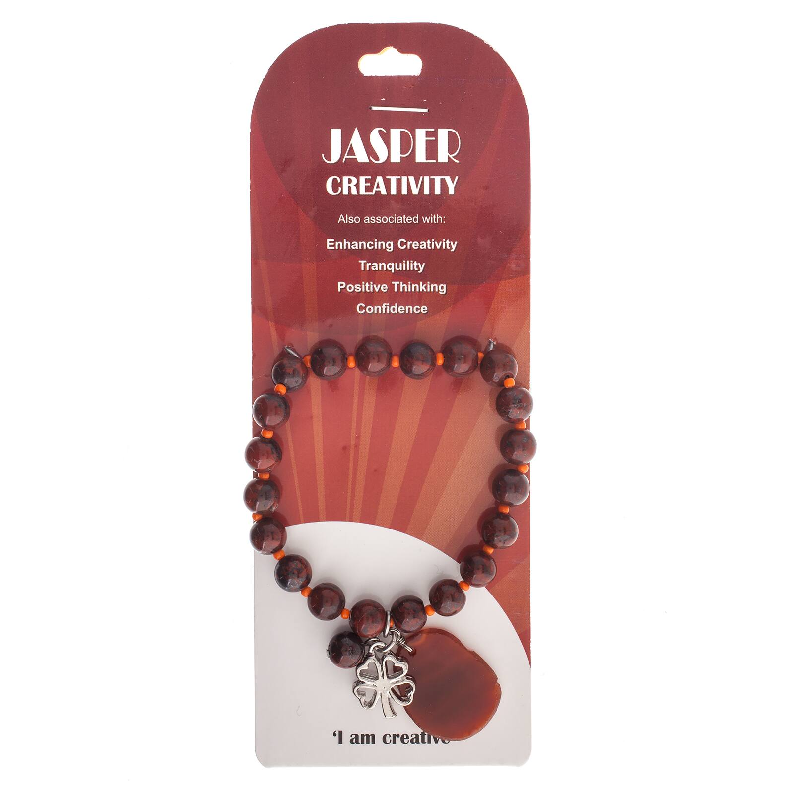 John Bead Red Jasper Stretch Bracelet with Agate &#x26; Clover Charms