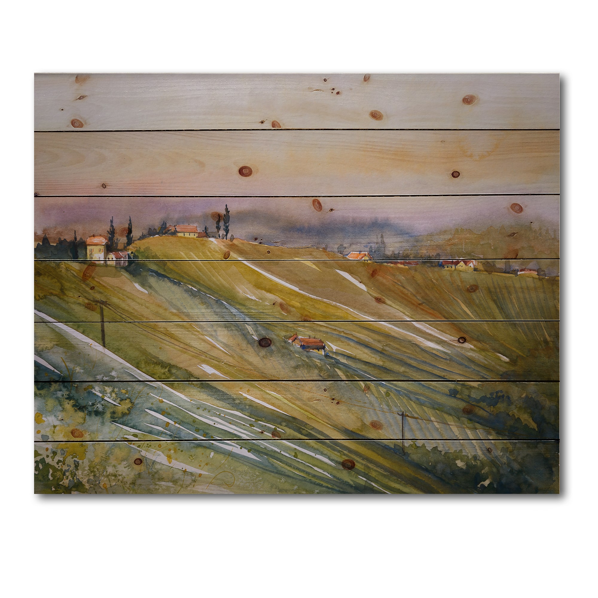 Designart - Vineyard At Dawn In Tuscany Italy - Country Print on Natural Pine Wood