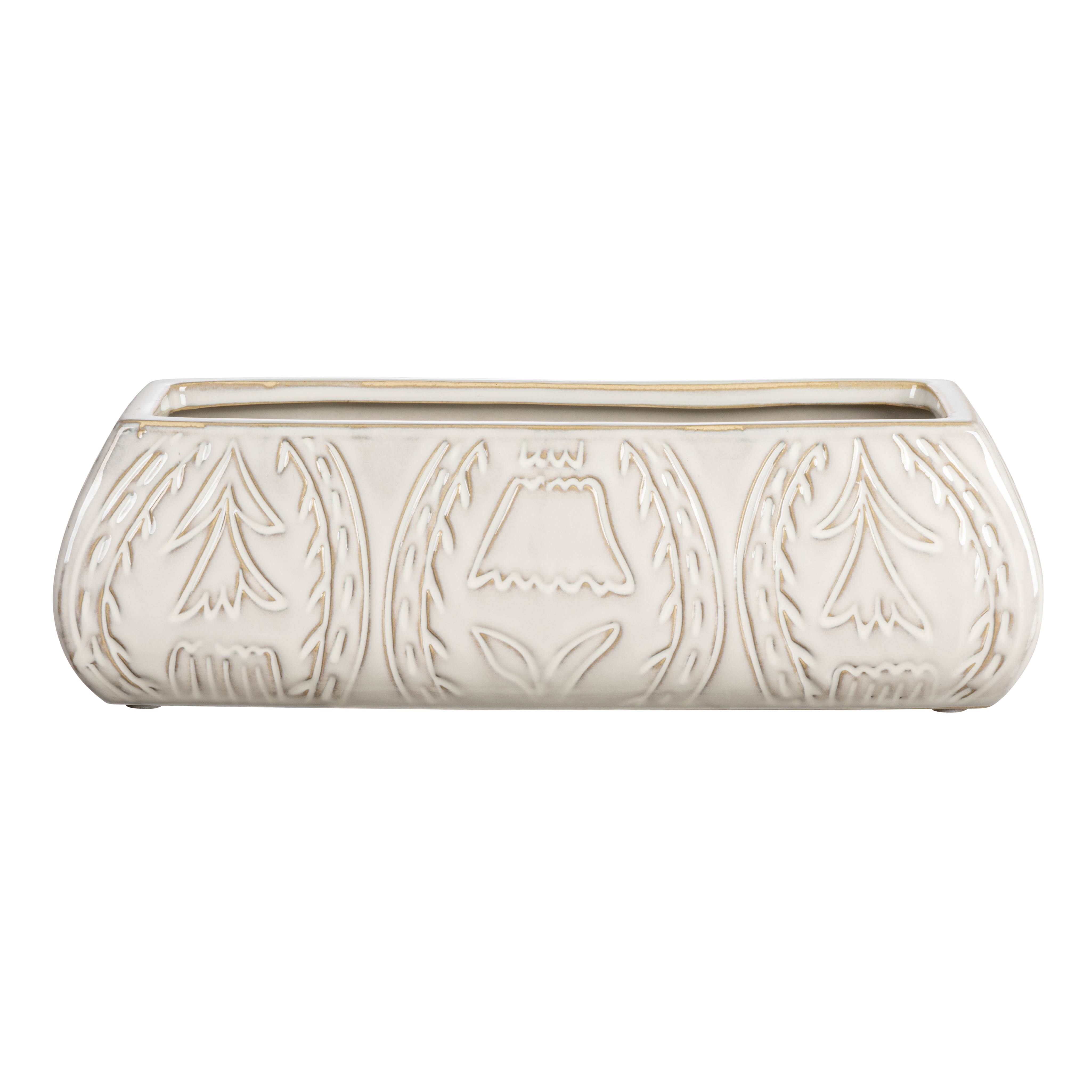Hello Honey® 10" White Stoneware Planter with Etched Flower Design