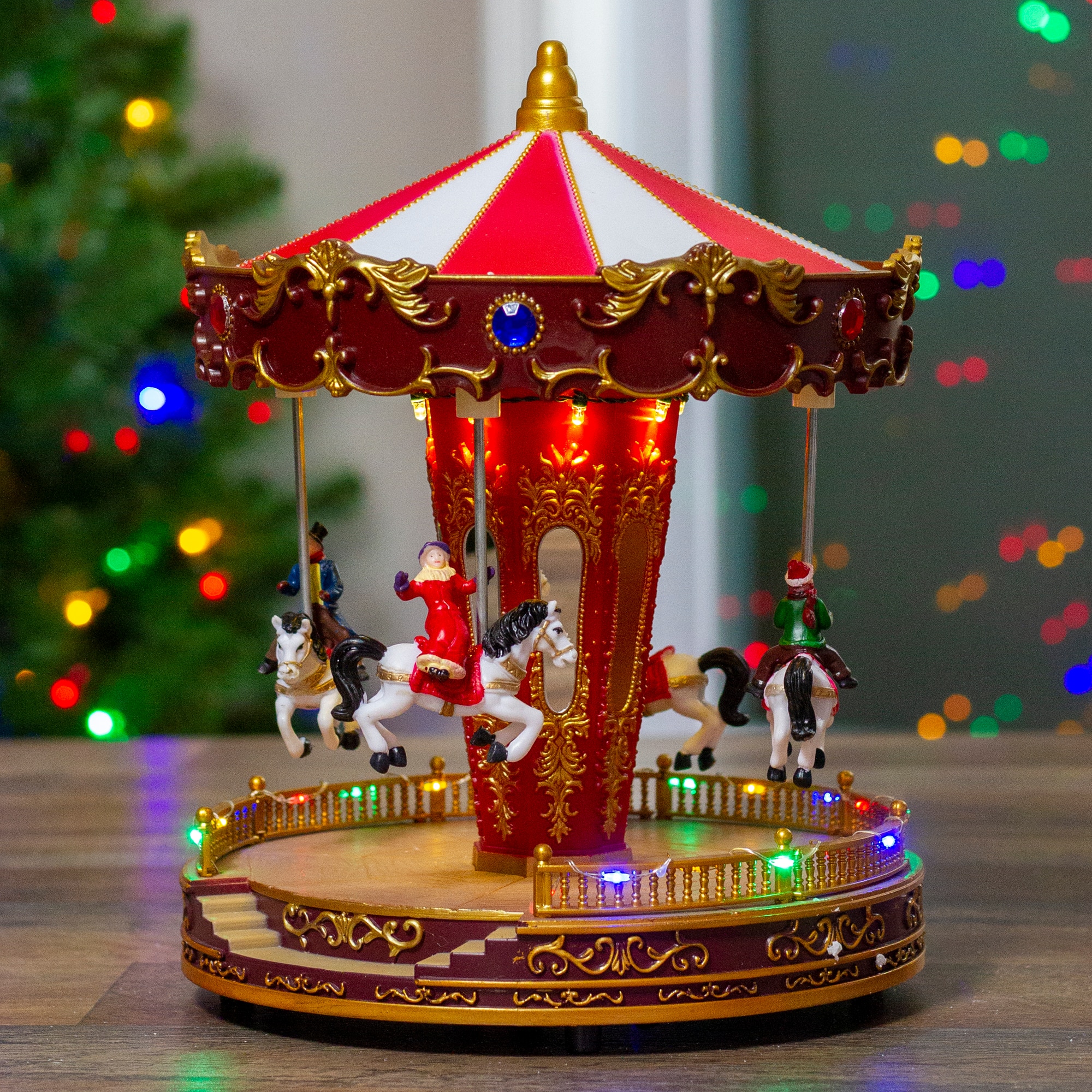 11&#x22; Red &#x26; White LED Animated Christmas Carousel with Horses