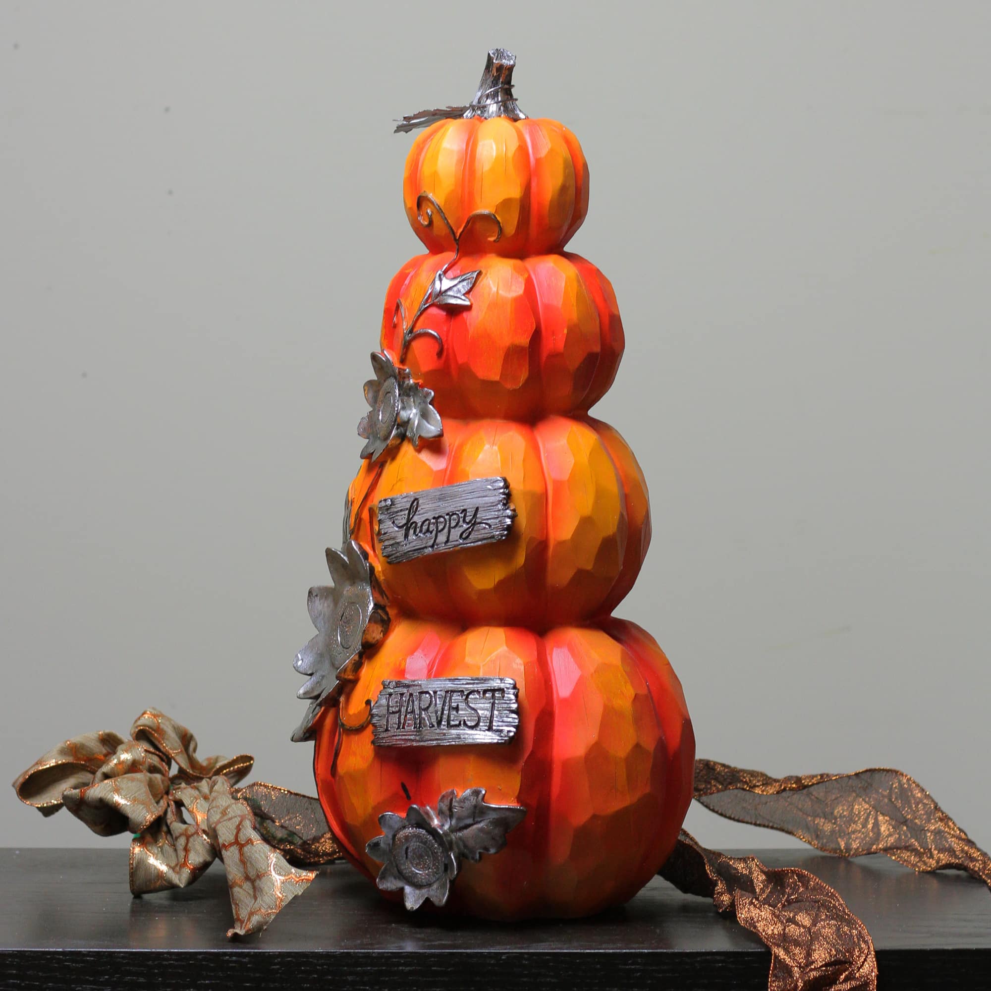 19&#x22; Orange &#x26; Silver Happy Harvest Pumpkin Tabletop D&#xE9;cor