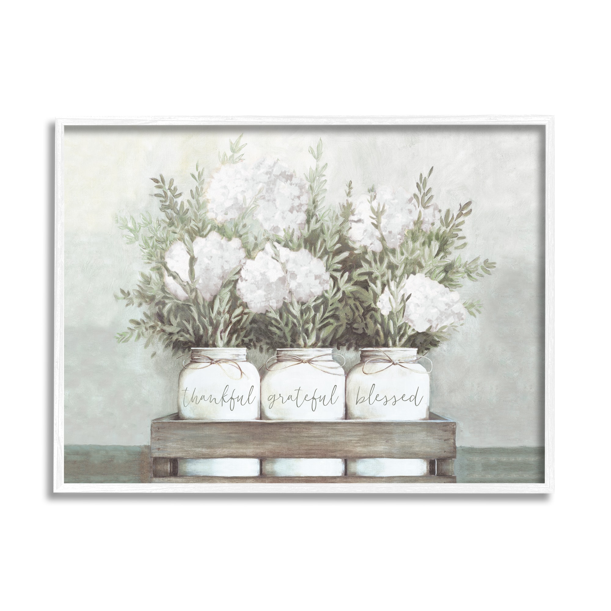 Stupell Industries Pristine Hydrangea Bouquets Thankful Grateful Blessed Sentiment in White Frame Wall Art