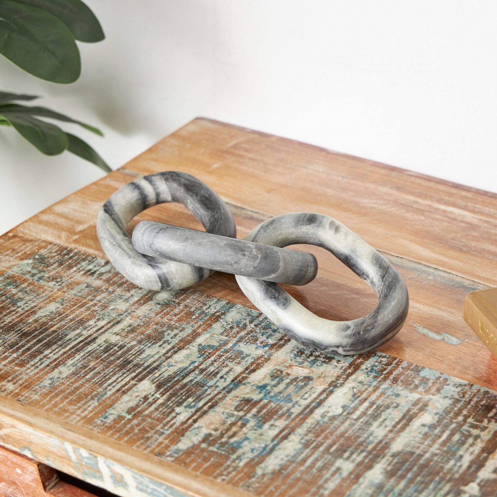 13" Gray Marble Geometric 3-Link Chain Sculpture Décor