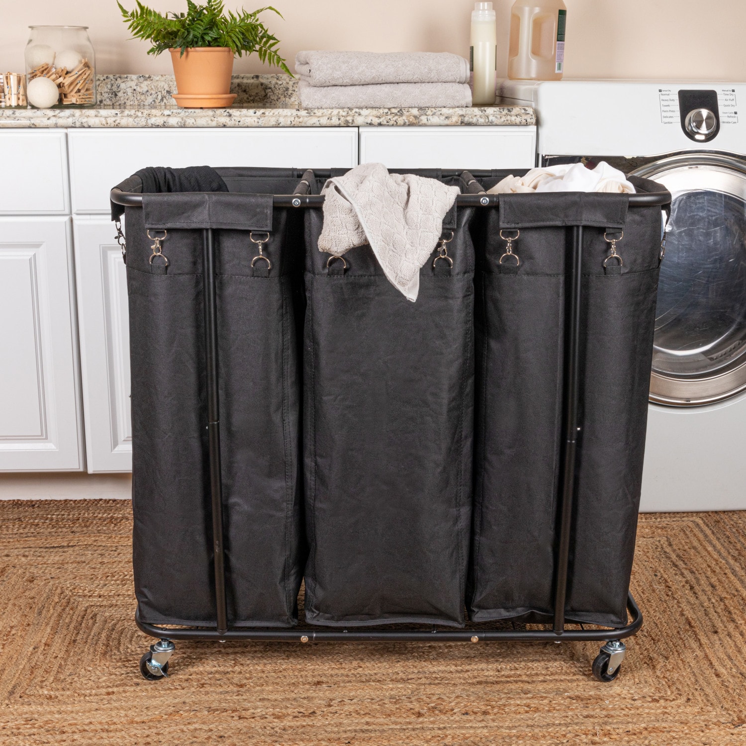 Household Essentials 34" Long Black 3-Bag Rolling Laundry Sorter