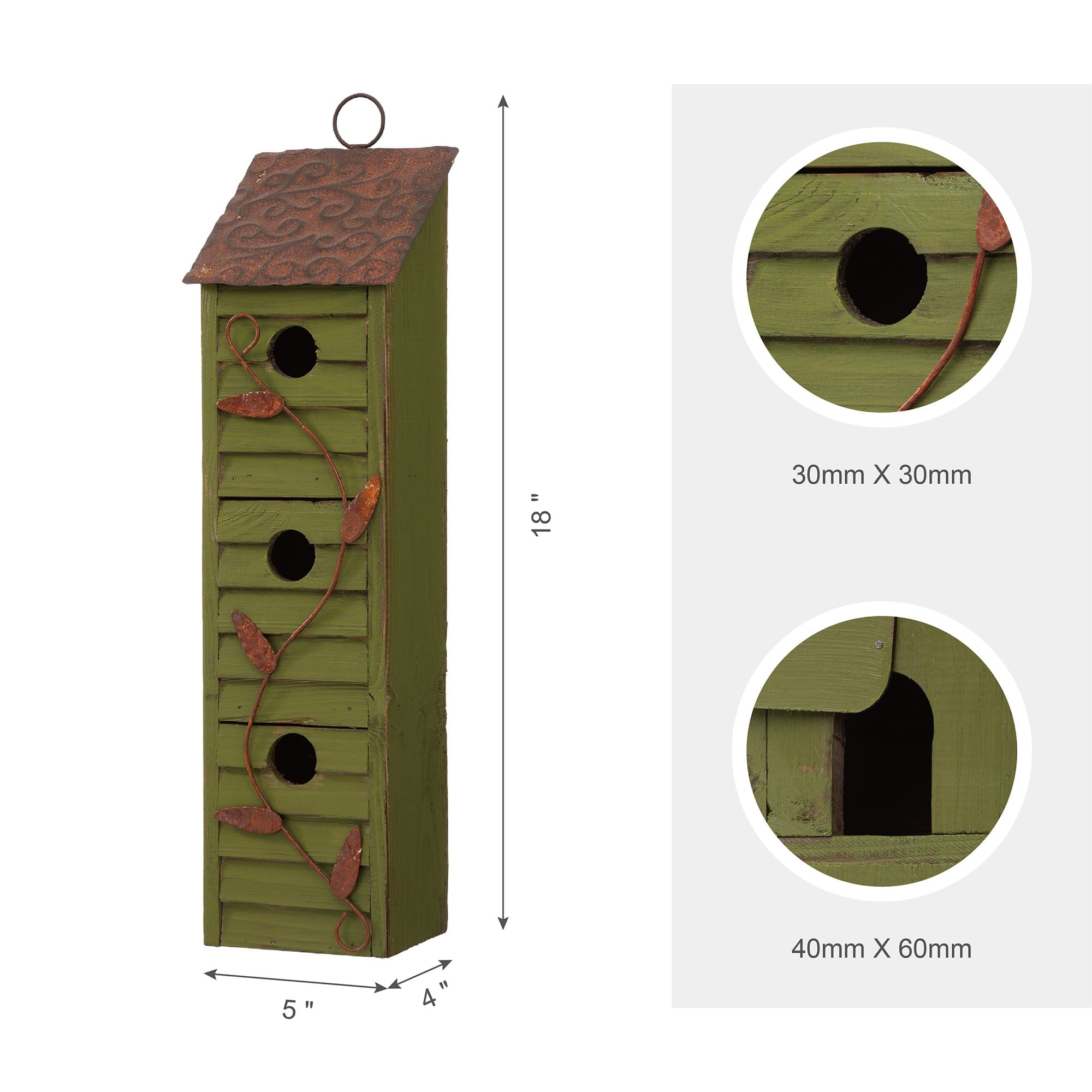 Glitzhome&#xAE; 18&#x22; Green Window-Blinds Distressed Solid Wood Birdhouse