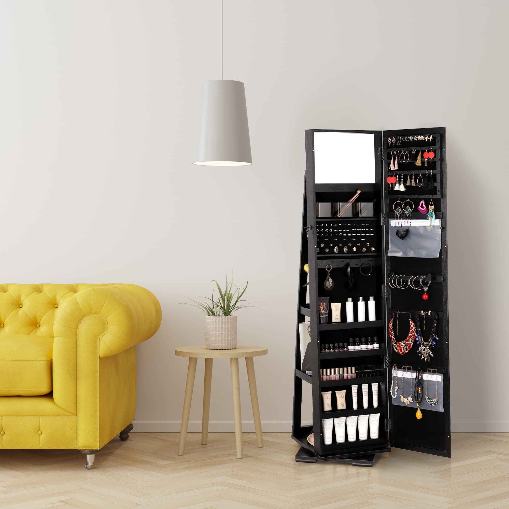 NEX&#x2122; Black 360 Degree Rotatable Jewelry Armoire with Free-Standing Mirror