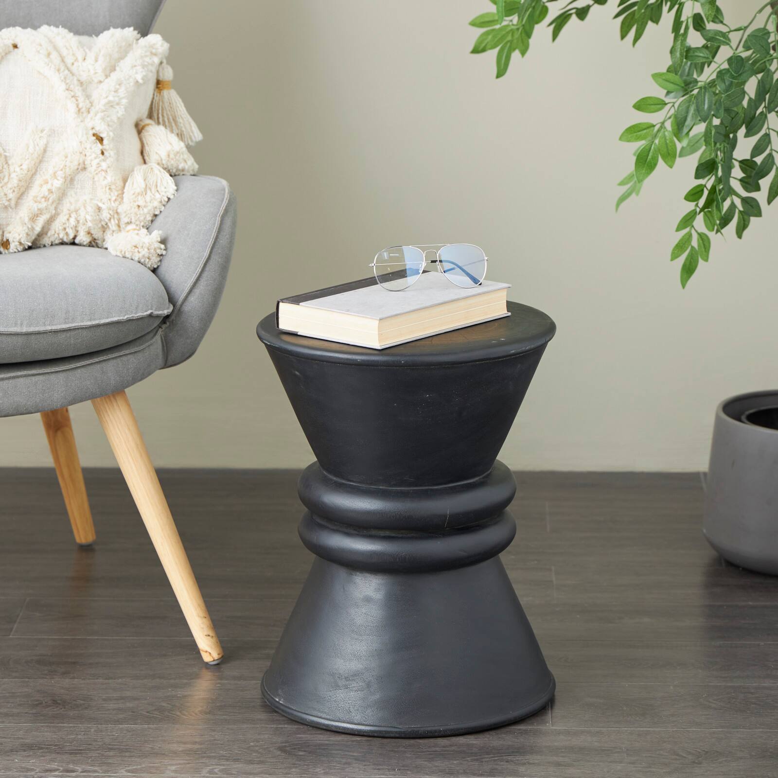 18" Black Wood Handmade Carved Hourglass Accent Table with 3D Ring Center