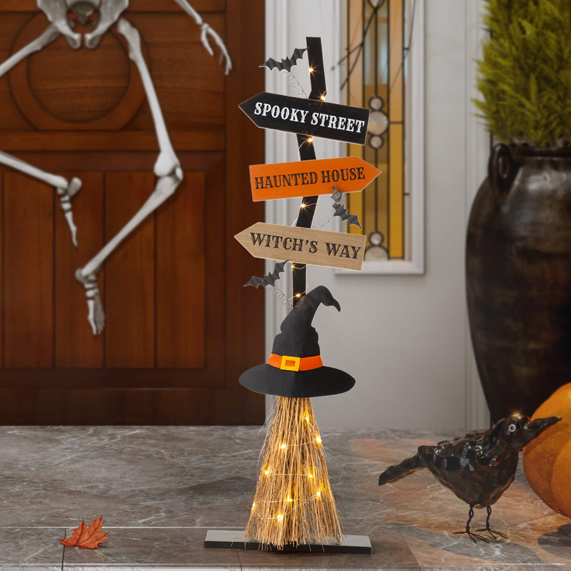 Glitzhome&#xAE; 42&#x22; Lighted Halloween Witch&#x27;s Broom Porch D&#xE9;cor with Timer