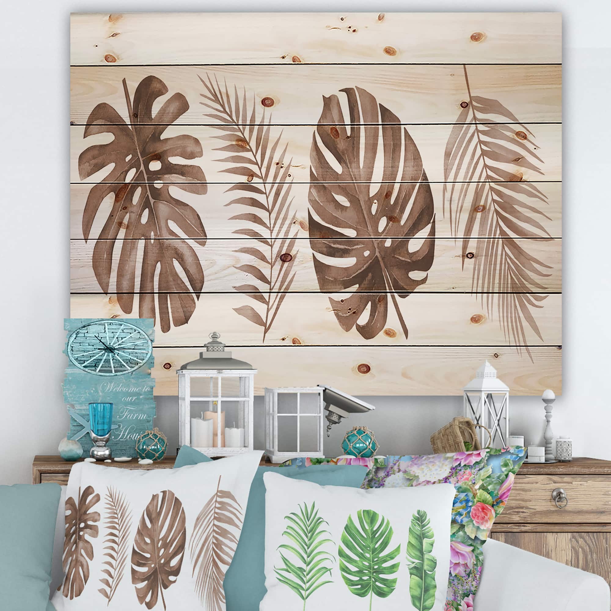 Designart - Tropical Monstera and Palm Leaf In Terracotta - Traditional Print on Natural Pine Wood