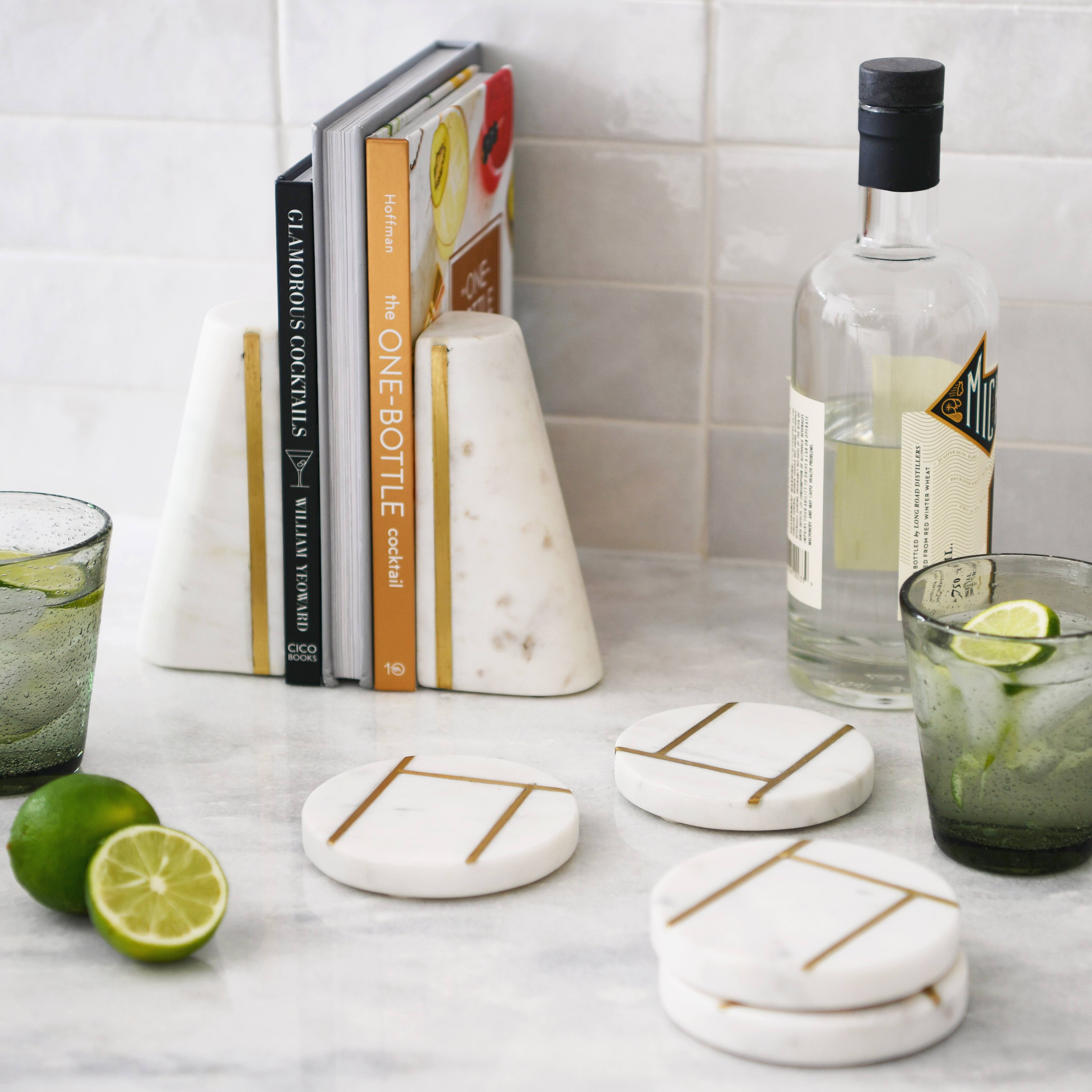 Hello Honey&#xAE; White Round Marble Coaster Set with Brass Inlay