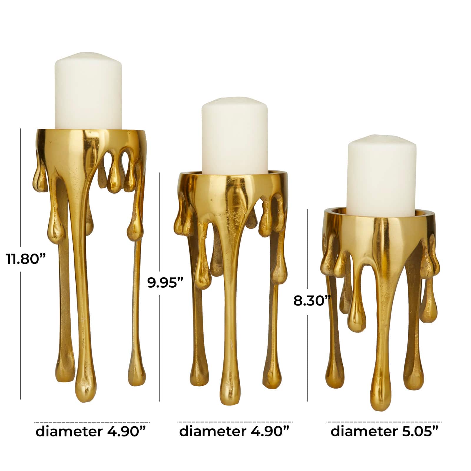 CosmoLiving by Cosmopolitan Gold Aluminum Pillar Candle Holder with Dripping Melting Designed Legs Set