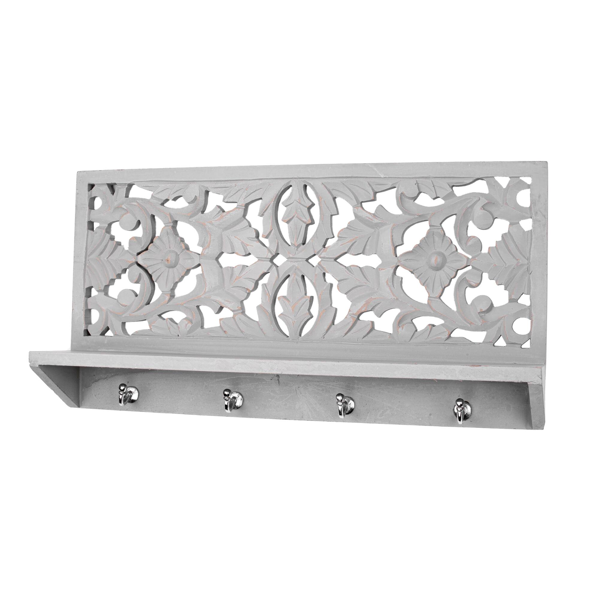 24" Dove Gray Hand-Carved Wall Shelf & Coat Rack