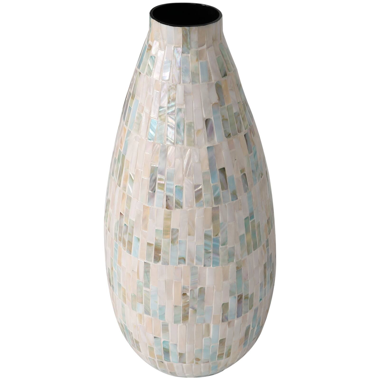 19" White Mother of Pearl Handmade Mosaic Inspired Vase with Pastel Blue & Pink Accents